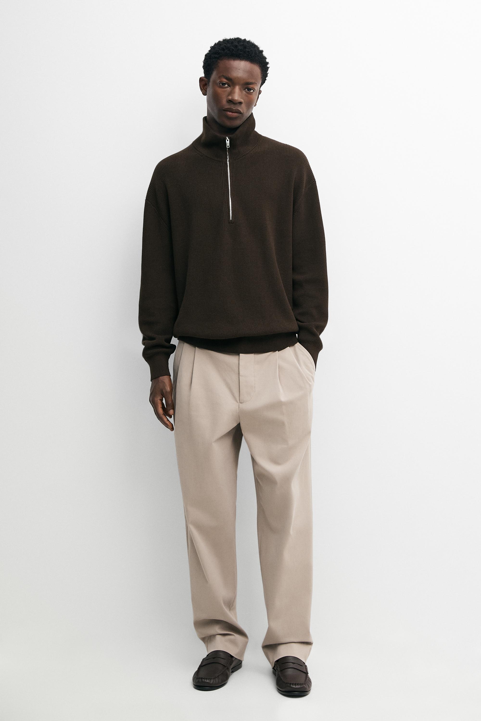 100% cotton mock neck knit sweater — BROWN MARL