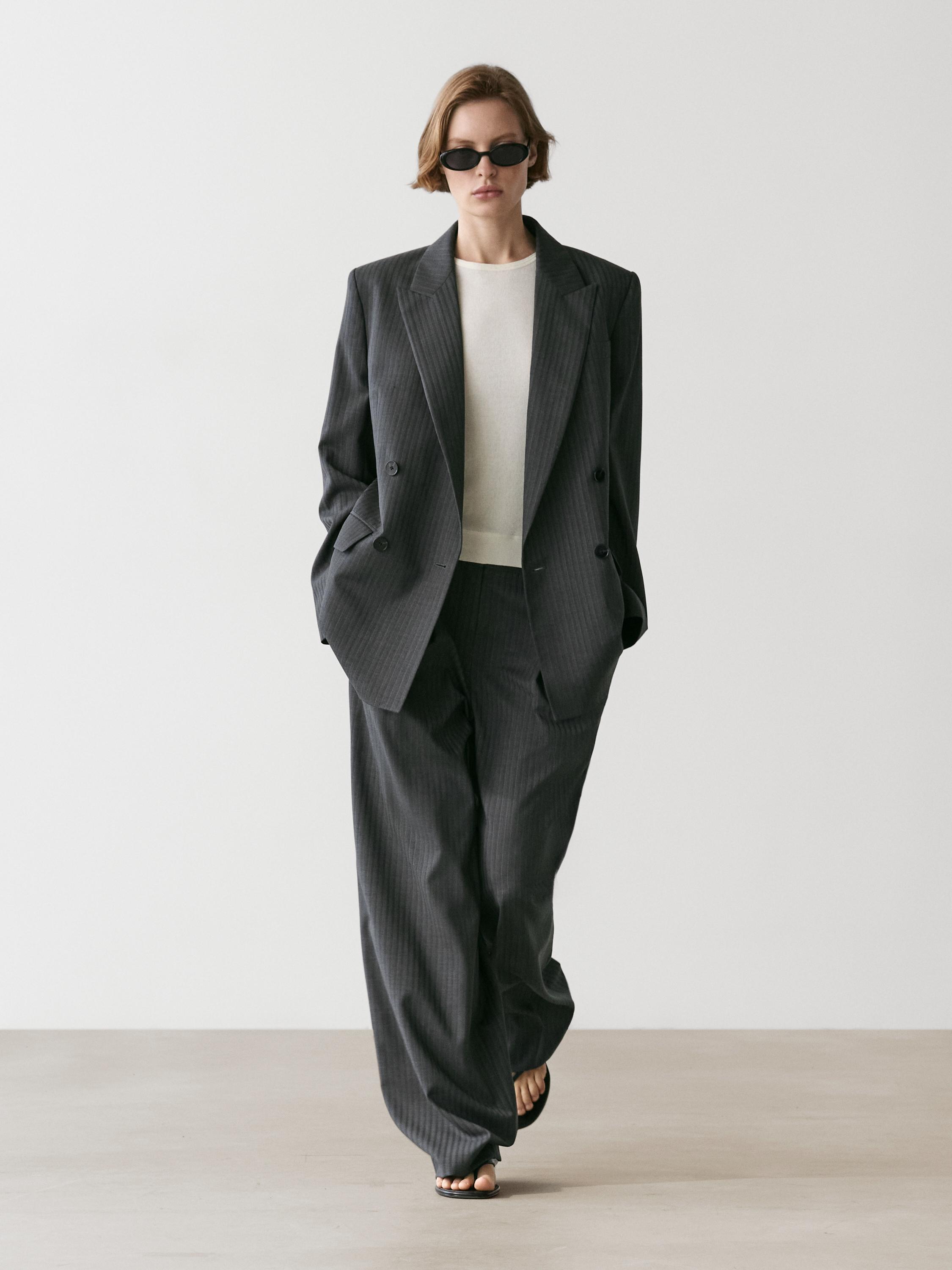 Pinstripe cool wool blend suit blazer — GREY