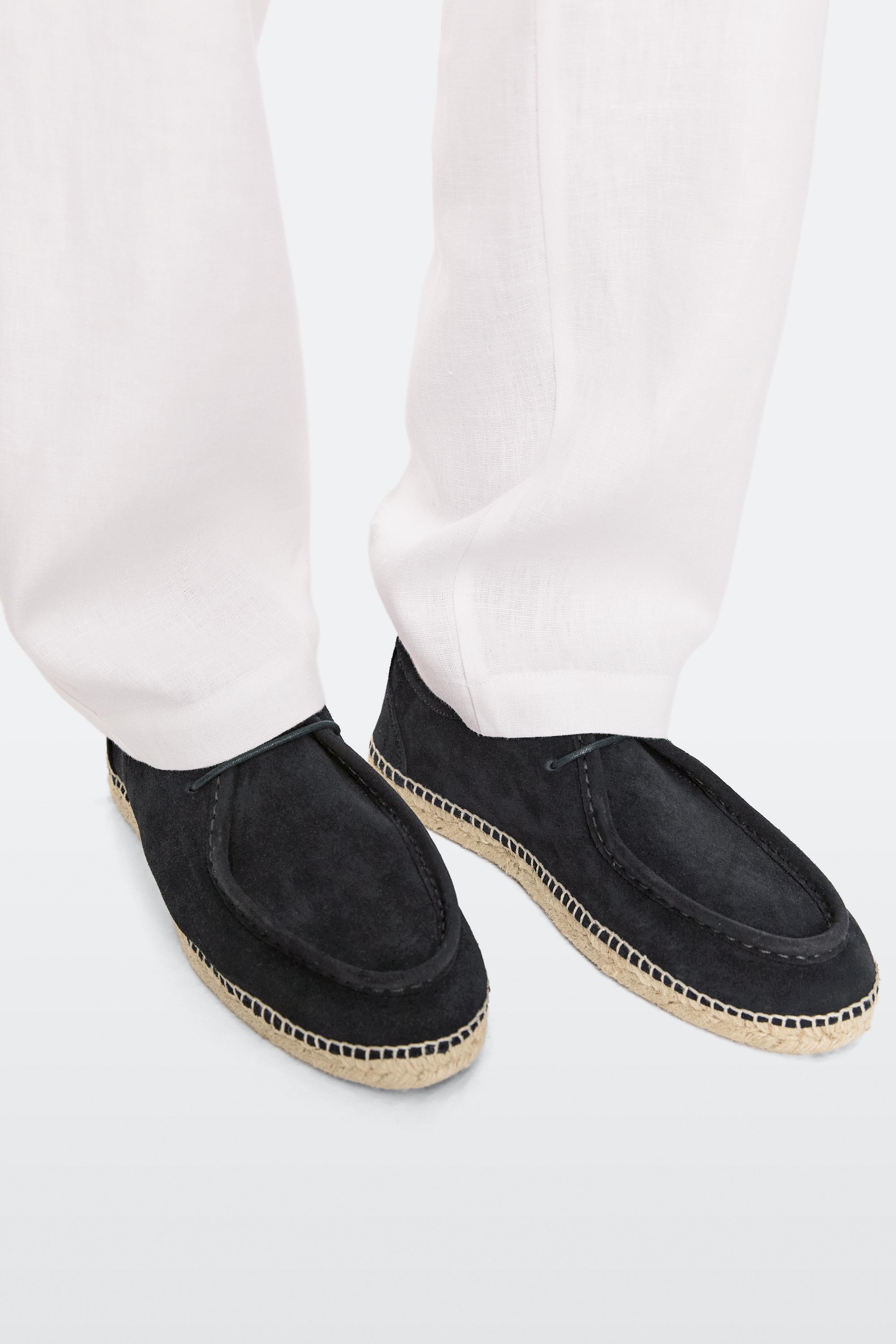 Split leather shoes with moc toe and jute sole — Dark blue