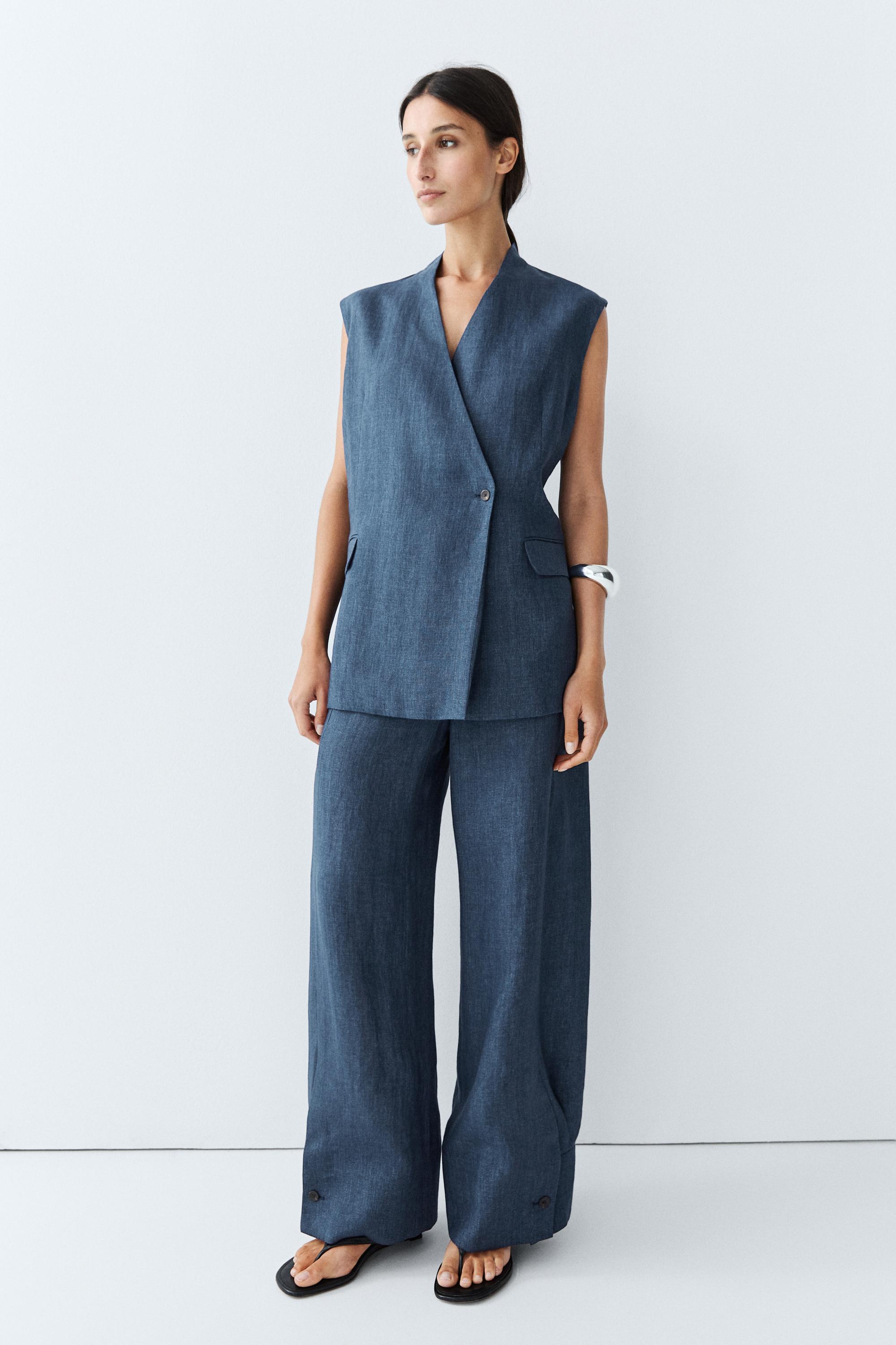 Total look linen pants with buttoned hems — NAVY BLUE