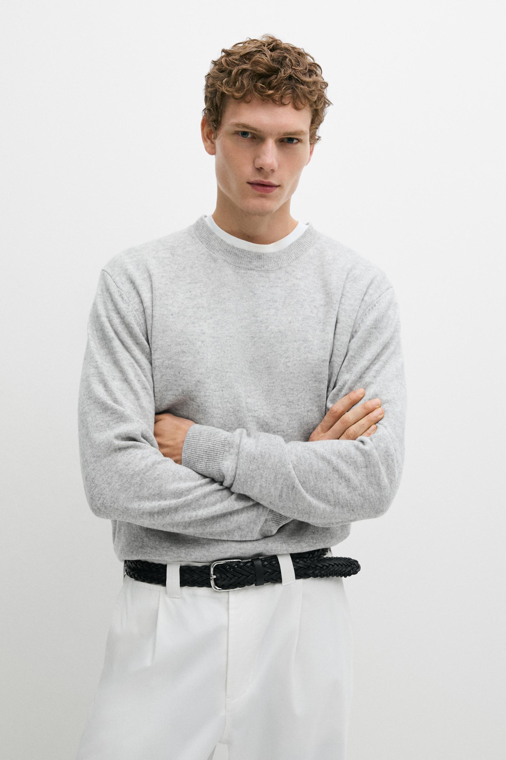 Wool blend round neck knit sweater — GREY MARL