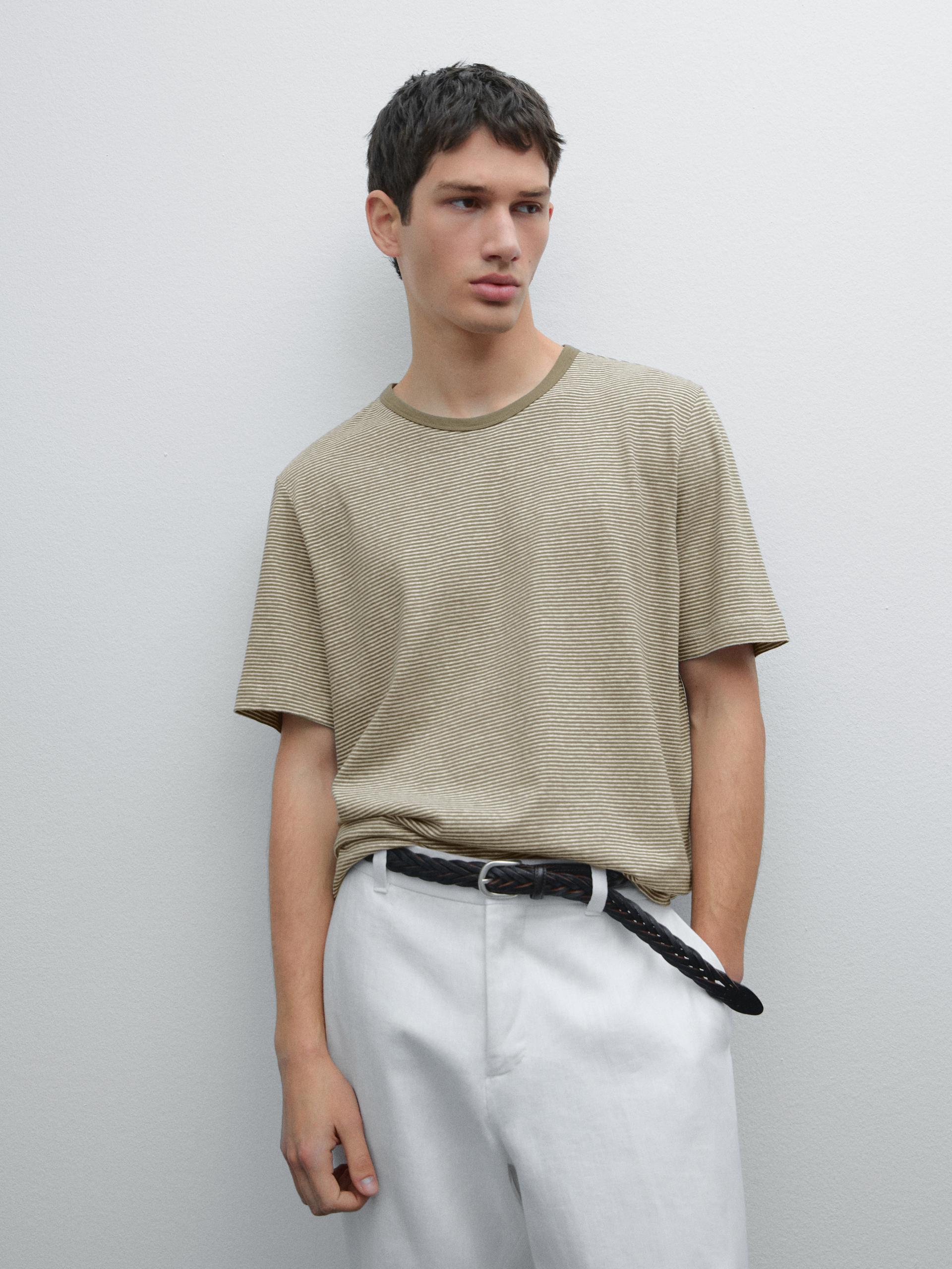 T-Shirt À Rayures Lin Et Coton - Kaki - S - Massimo Dutti - Homme