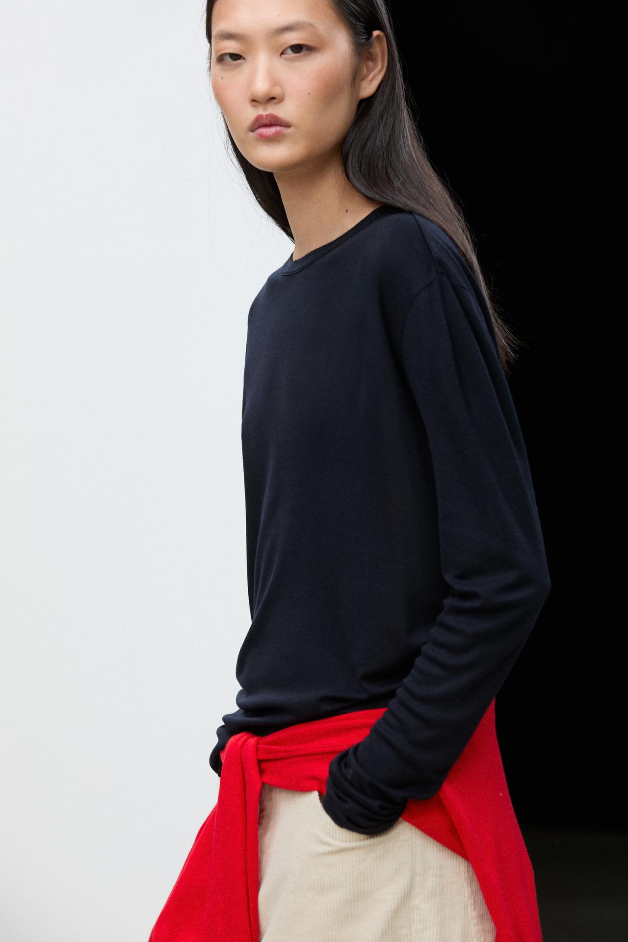 Long sleeve wool-blend T-shirt — NAVY BLUE