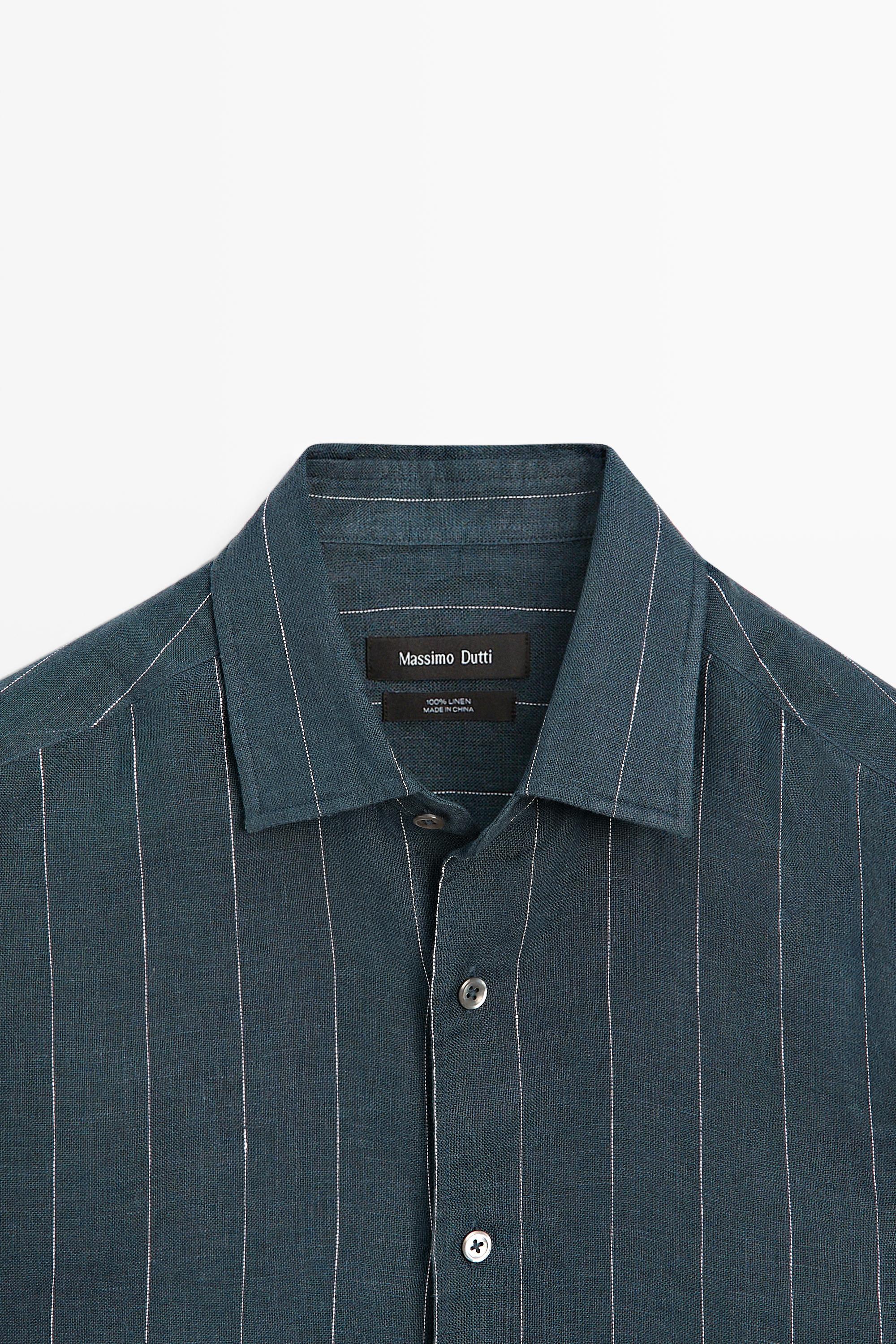 Regular fit striped 100% linen shirt — PETROL BLUE