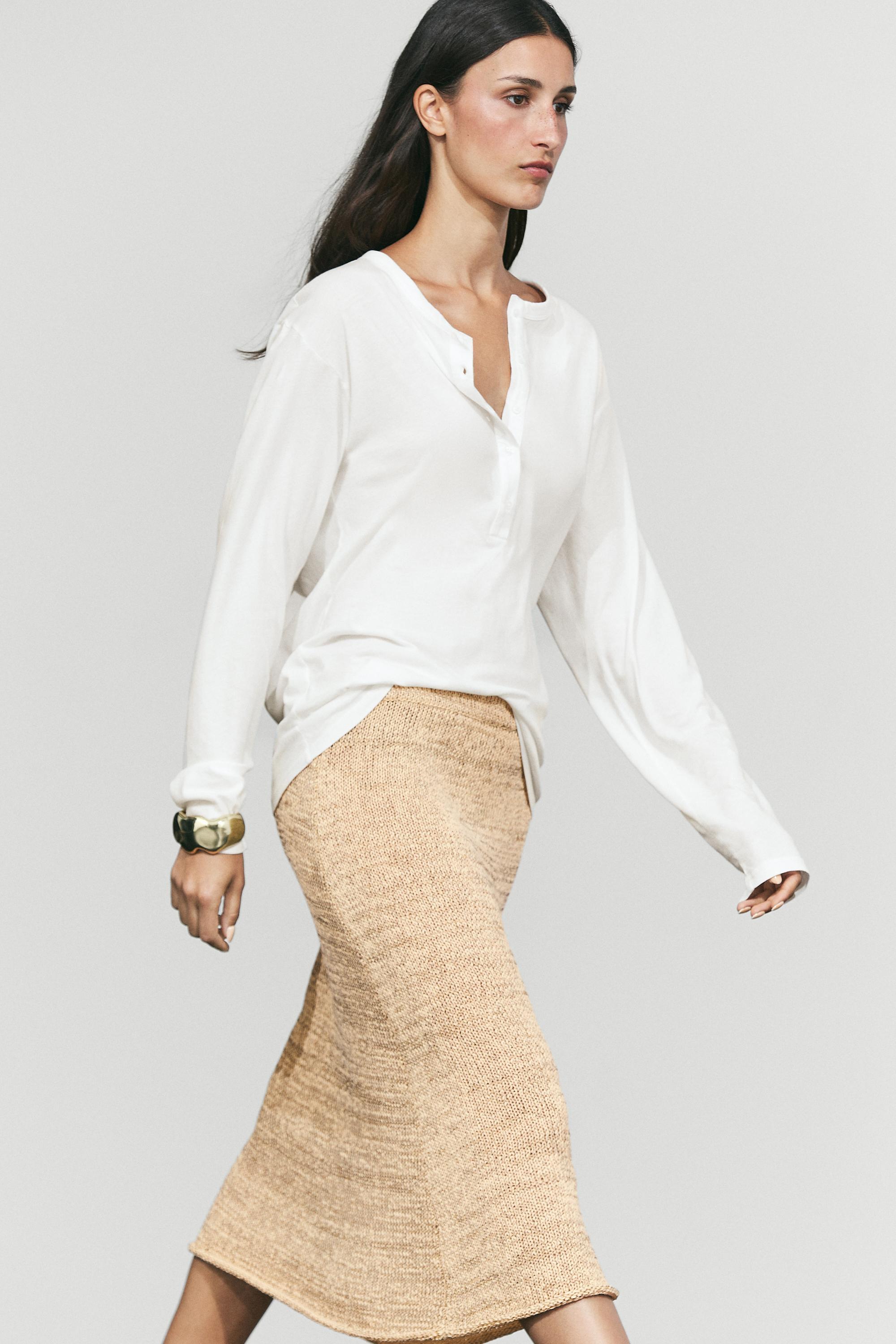 Marl cotton blend knit midi co-ord skirt — Beige