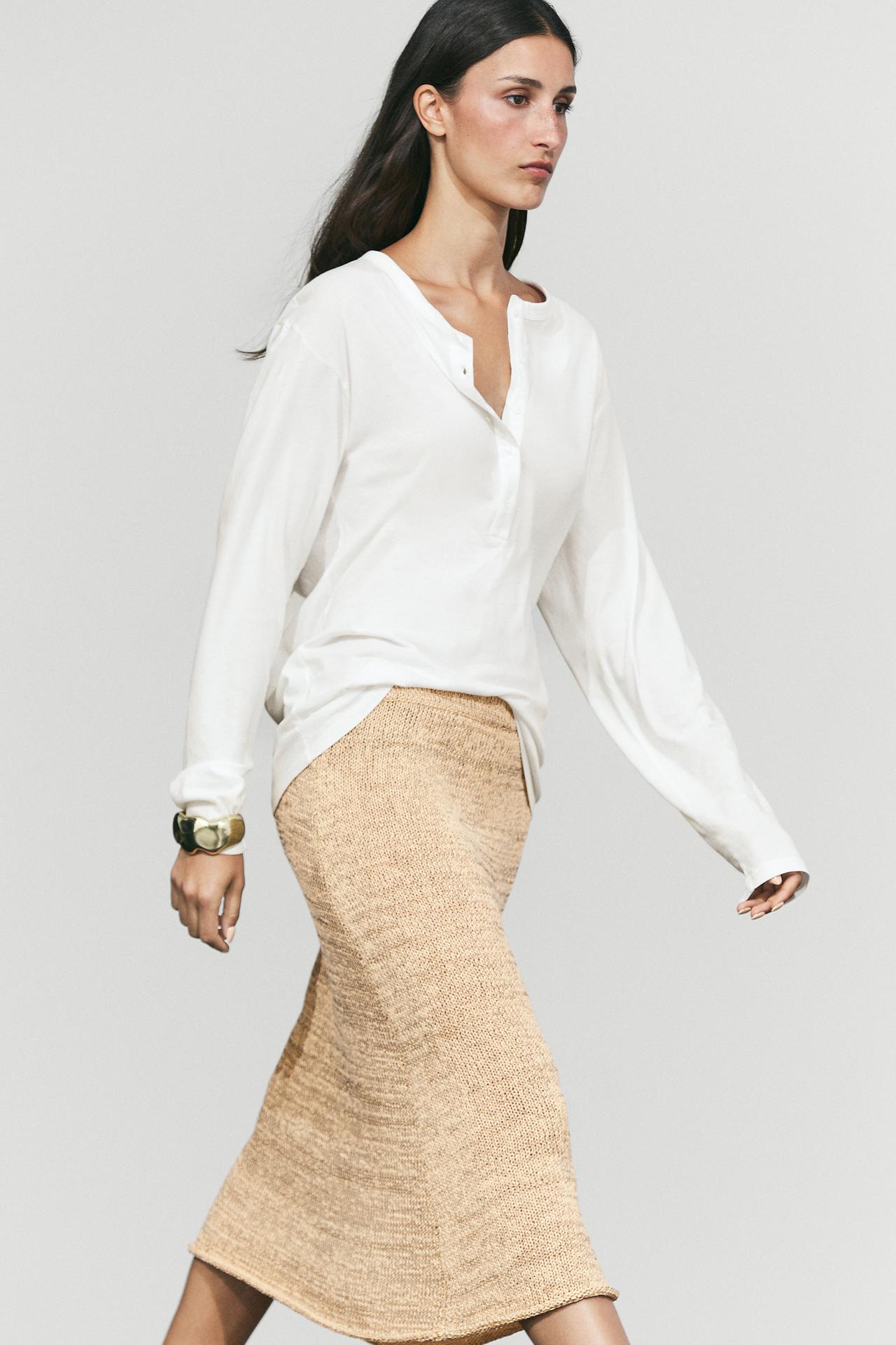 Cotton blend knit midi skirt total look — Beige