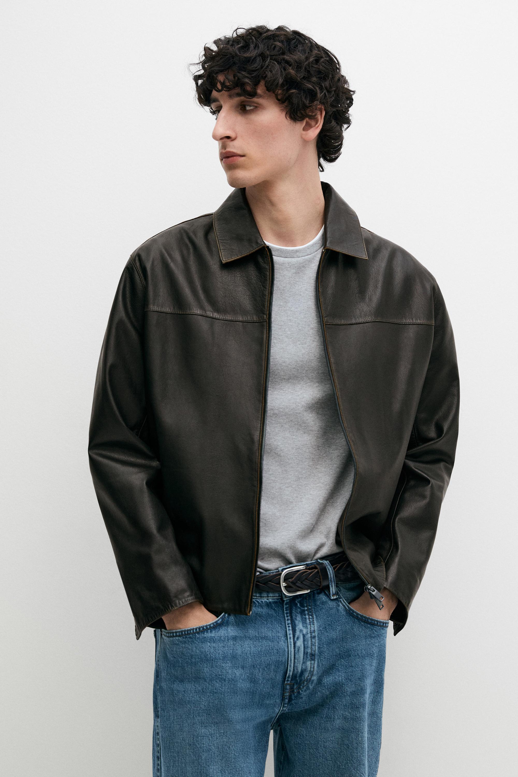 Distressed effect leather jacket — BROWN