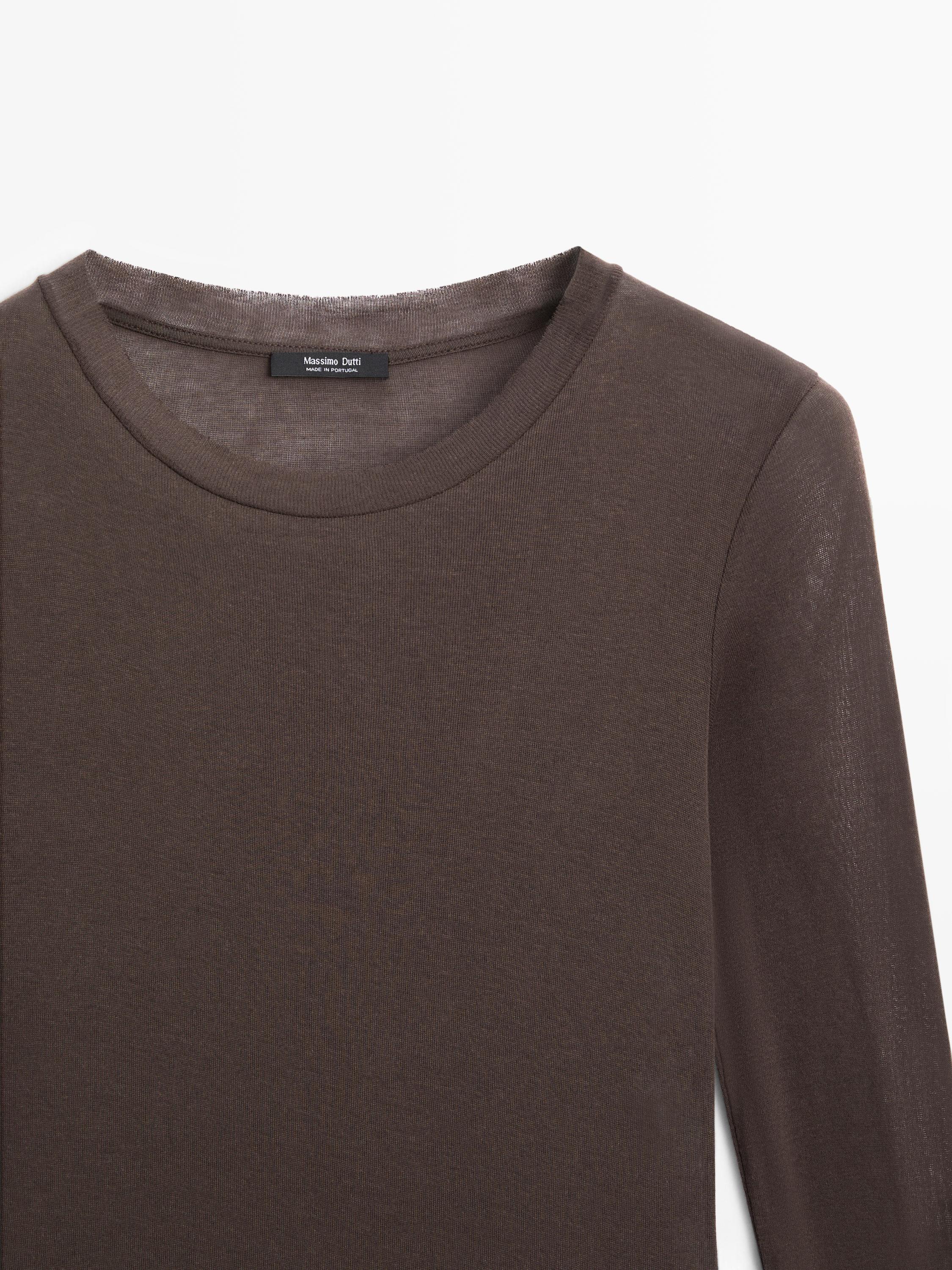 100% cotton semi-sheer T-shirt with collar detail — BROWN
