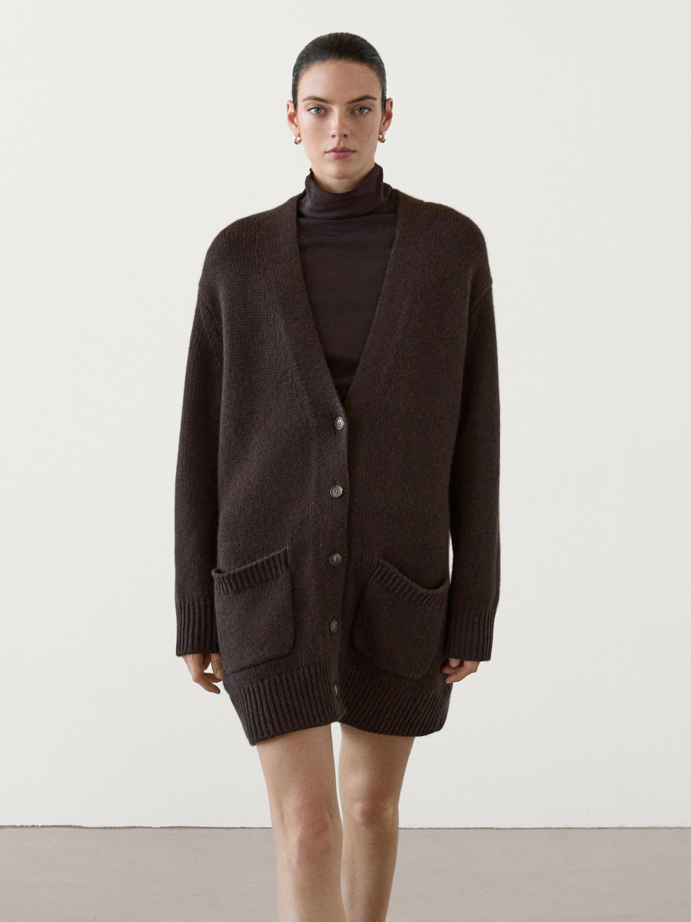 Long plain knit 100% cashmere cardigan