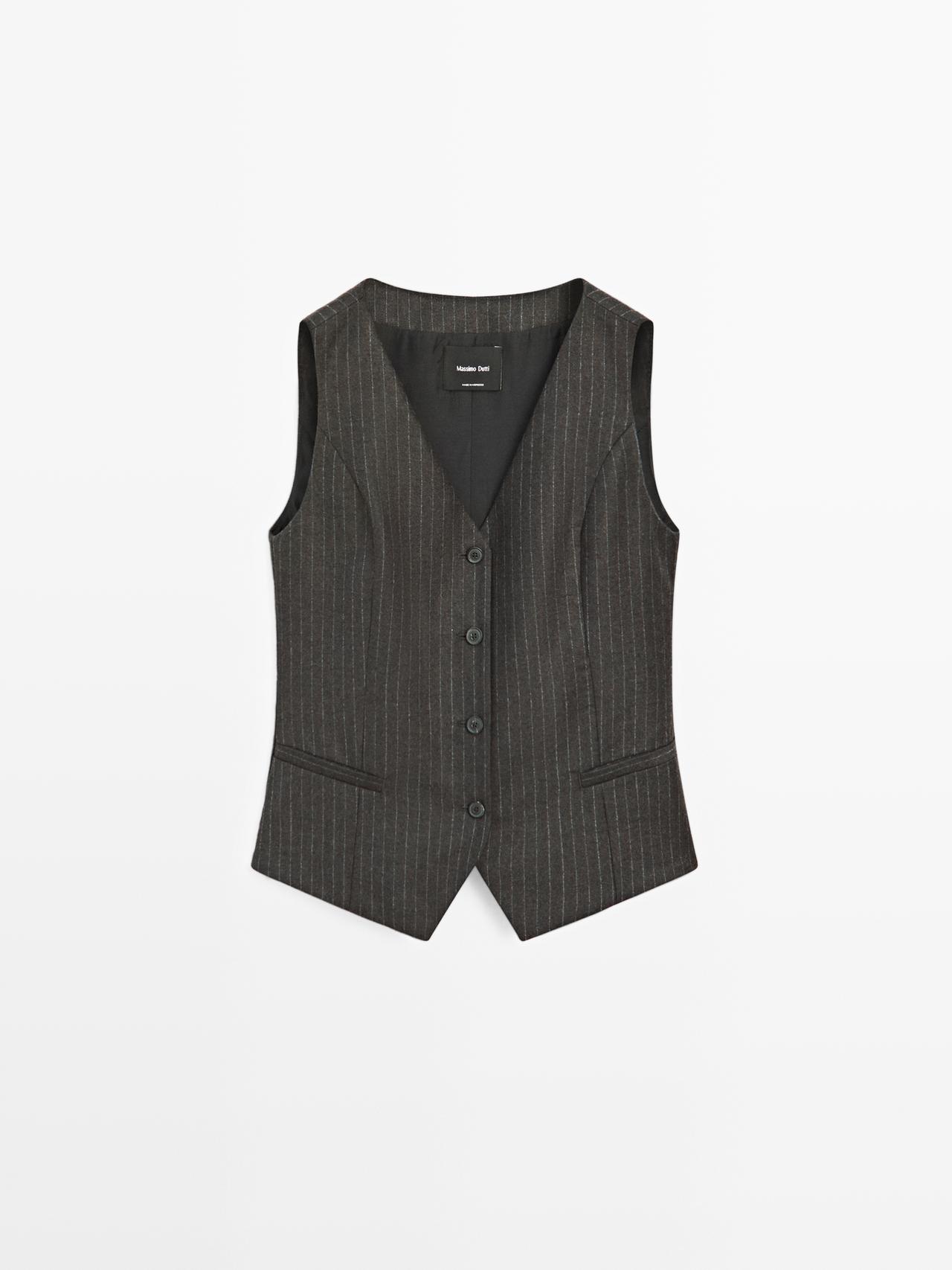 Massimo Dutti - Dame - Nålestribet Vest I 100 % Uld - Chokolade - Xs