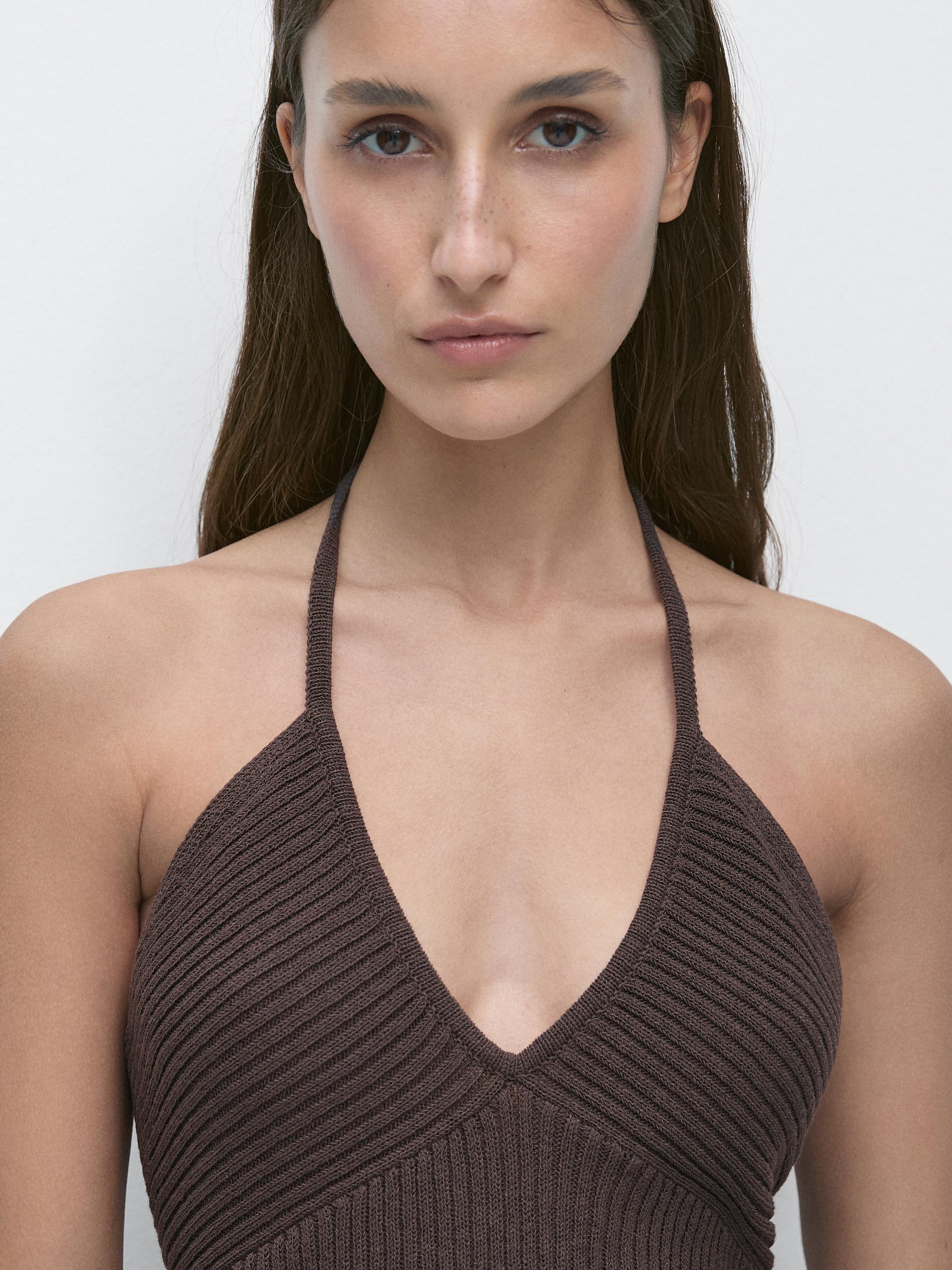 Knit top with low-cut back — AUBERGINE