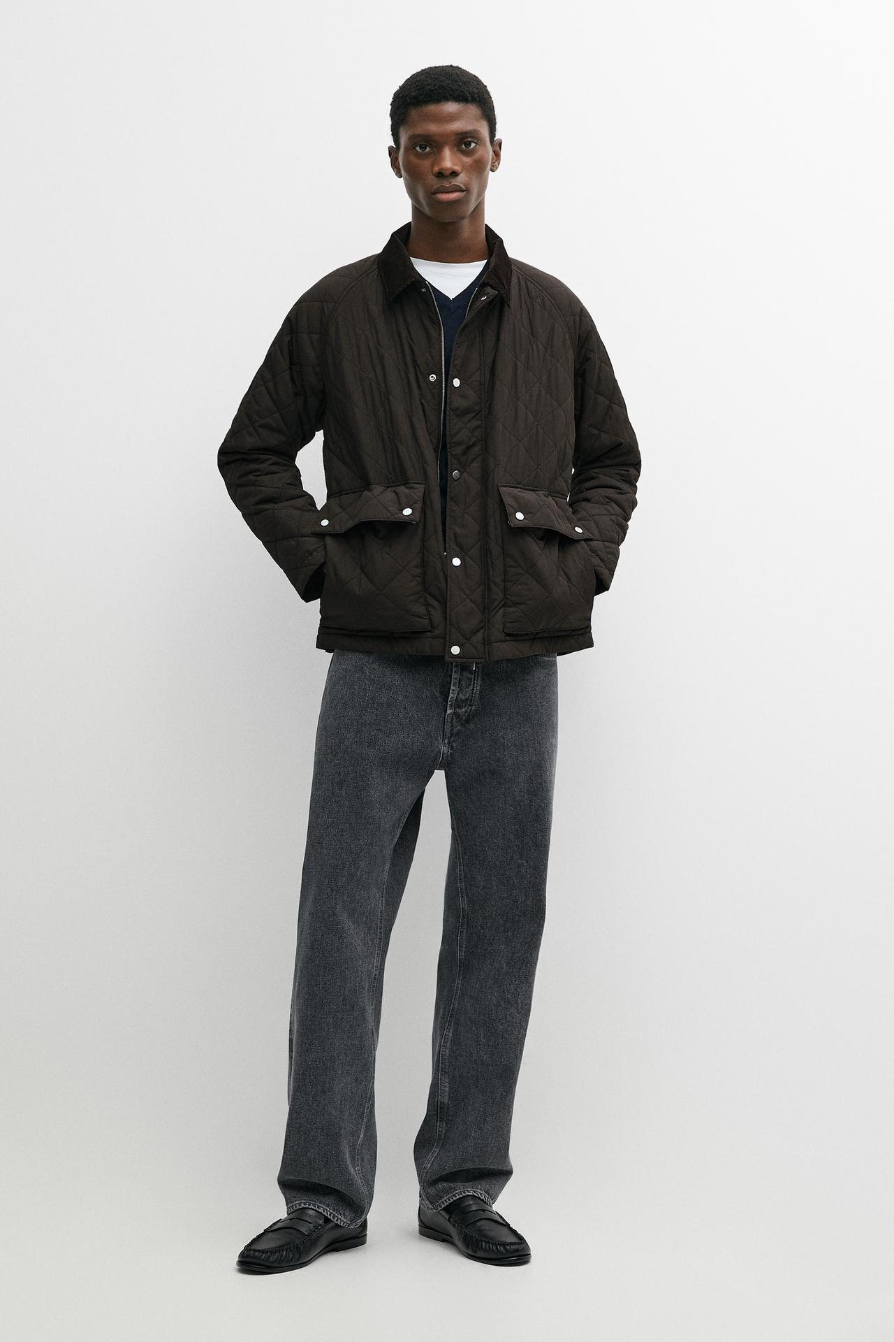 Quilted jacket with corduroy collar — BROWN MARL