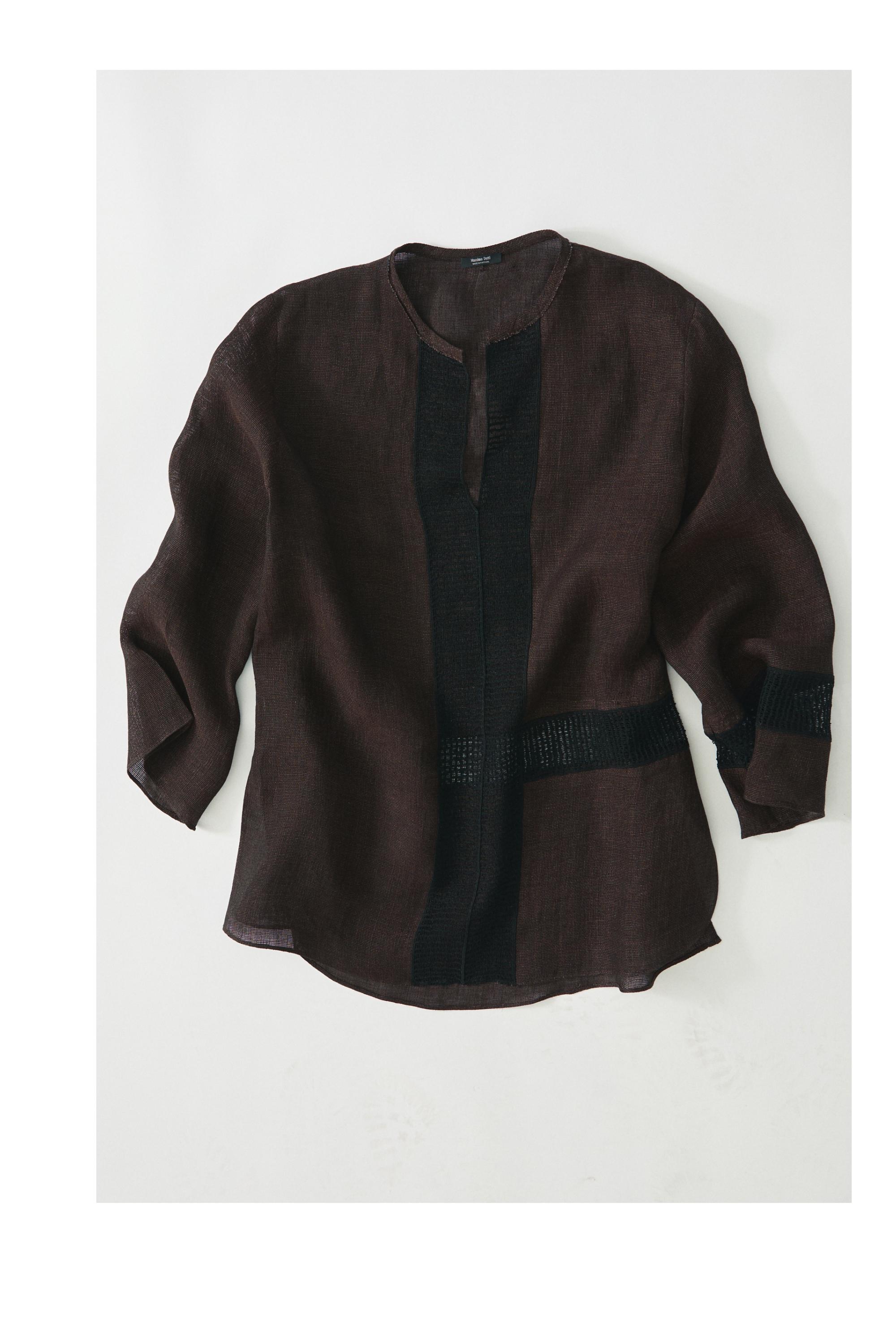 Flowing oversize linen blend blouse with lace trim — BROWN MARL