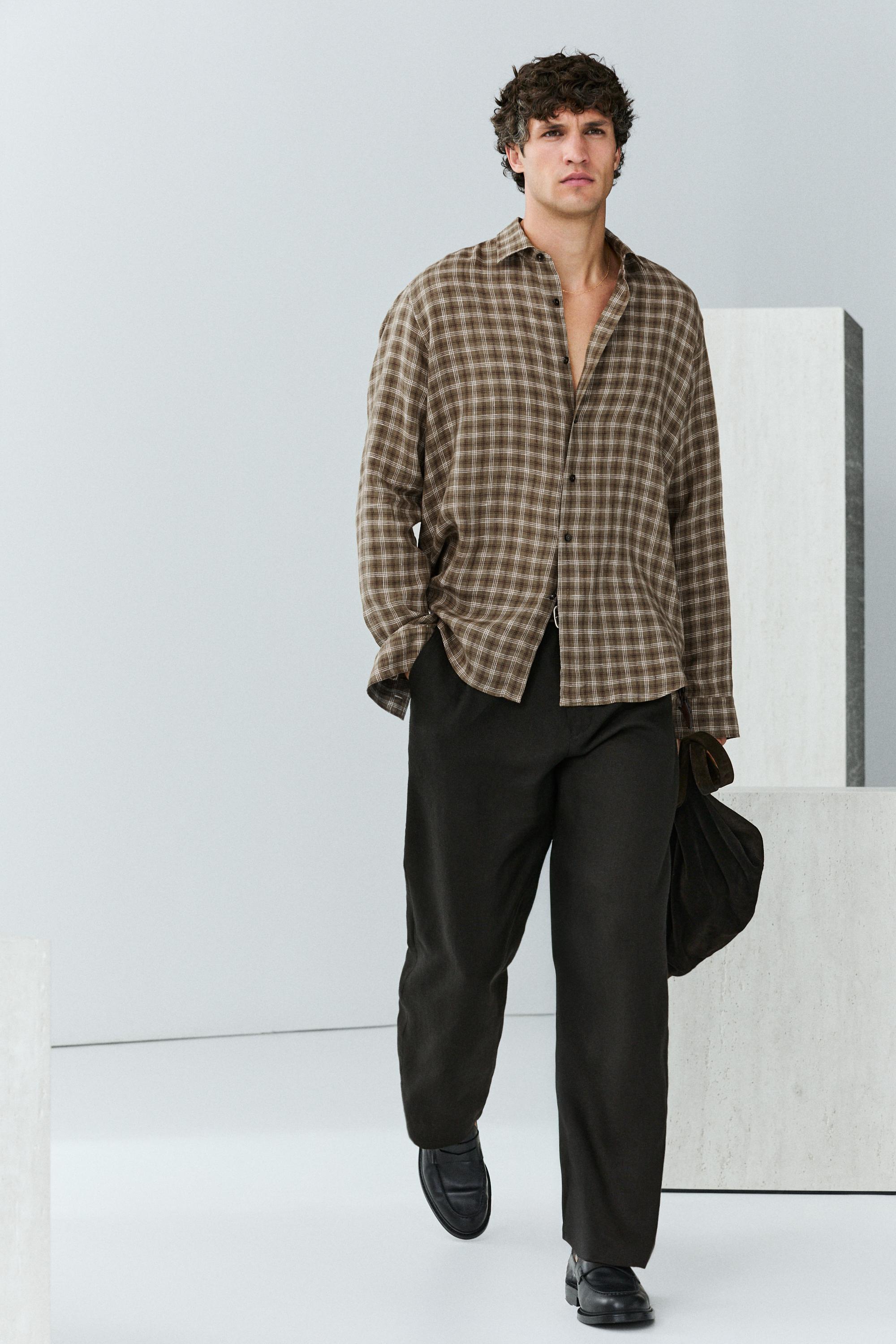 100% linen regular fit check shirt — BROWN MARL