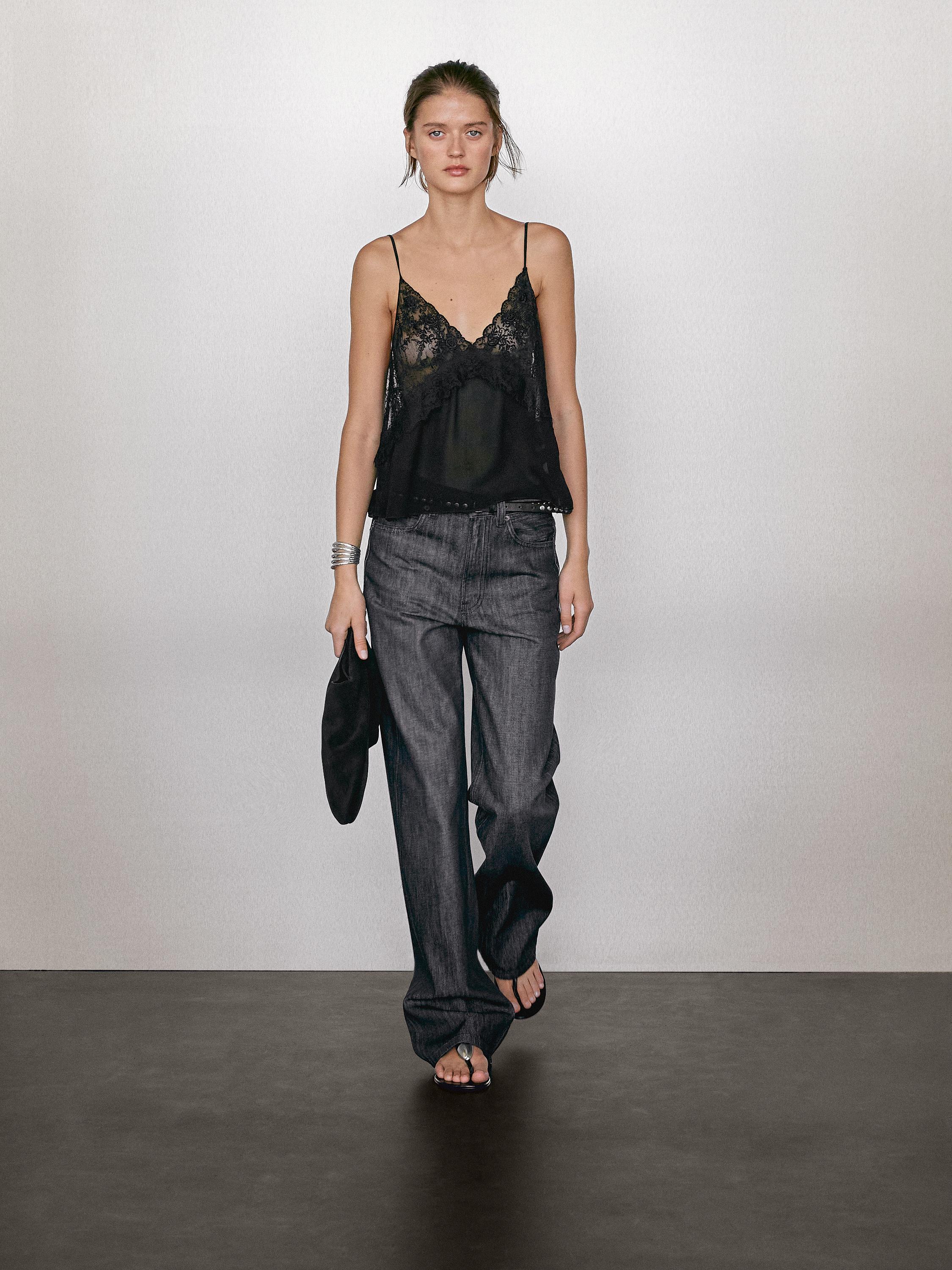 Strappy lace camisole top · Black · Shirts | Massimo Dutti