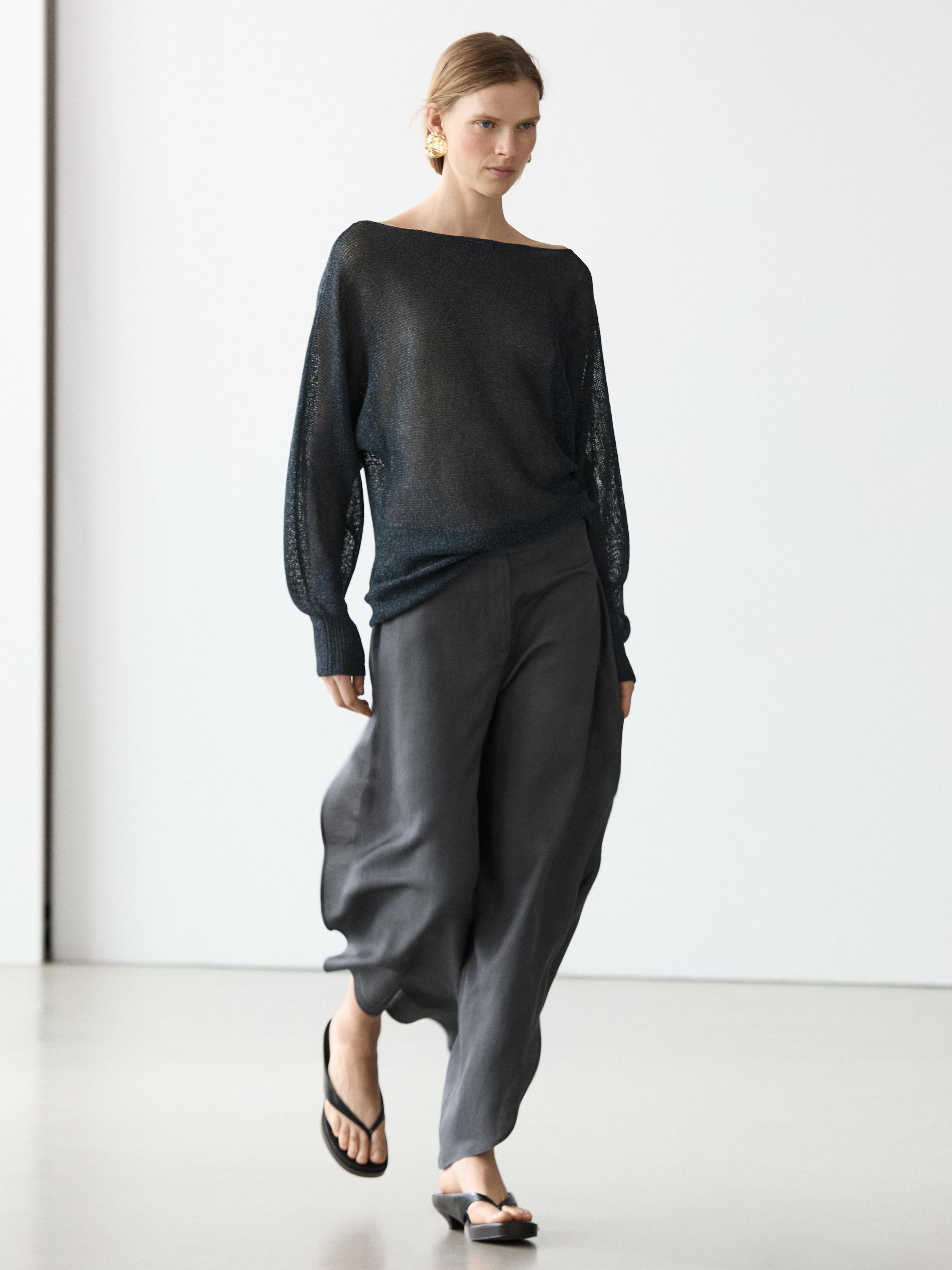 Flowing cotton blend knit sweater — Dark Blue