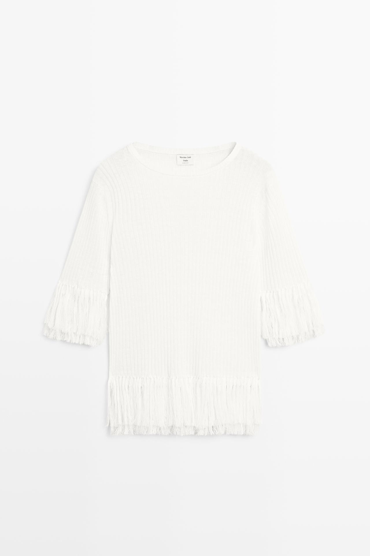 Fringe detail knit sweater - STUDIO — WHITE