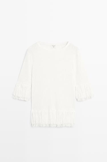 Fringe detail knit sweater - STUDIO — WHITE 2