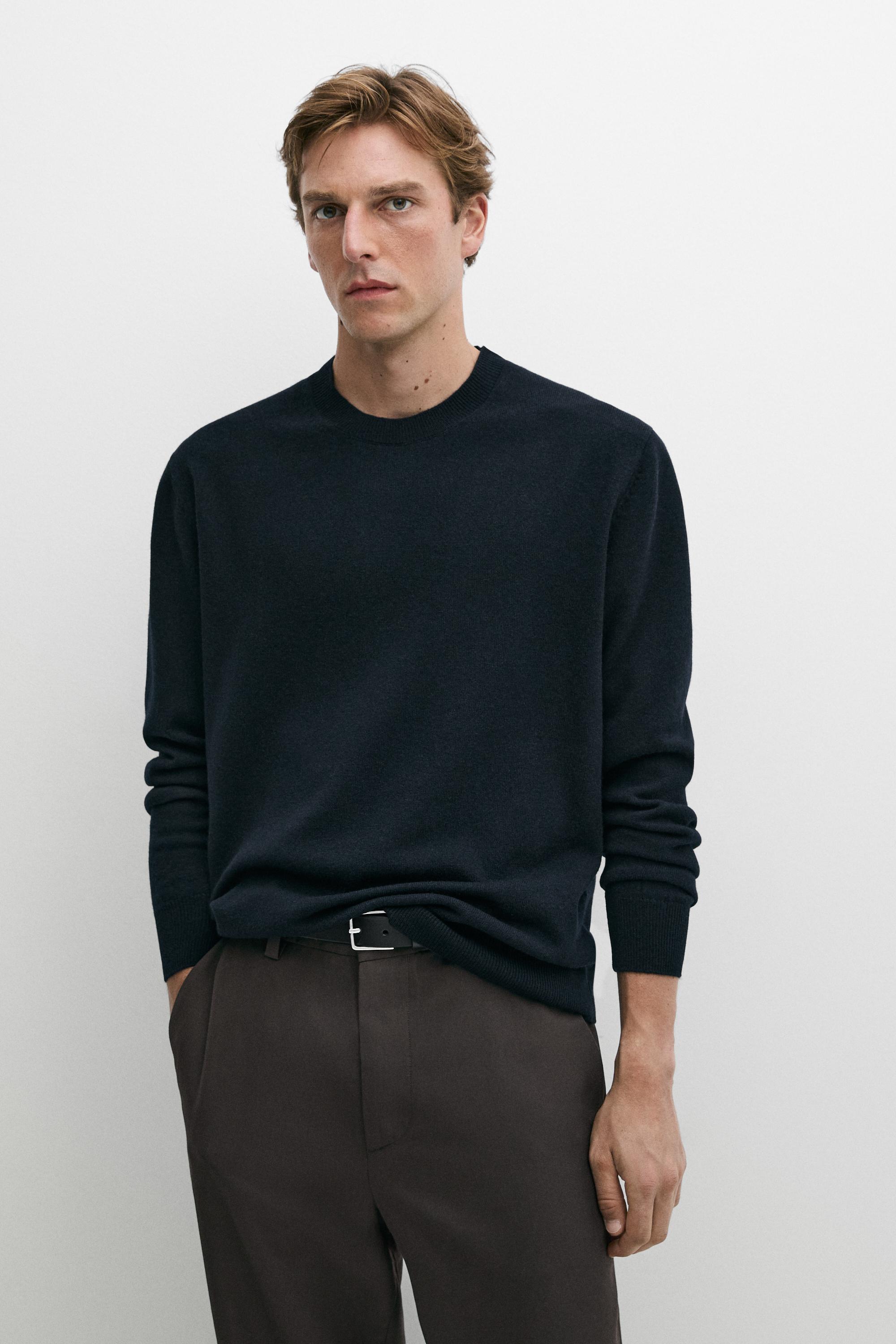 Wool blend round neck knit sweater — NAVY BLUE