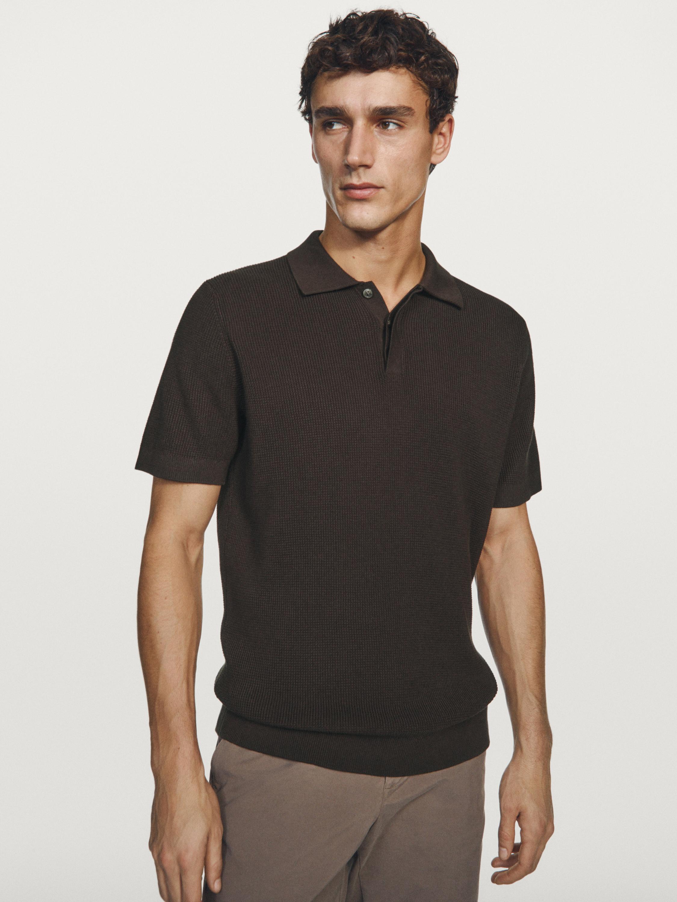 Textured cotton knit polo shirt — BROWN MARL