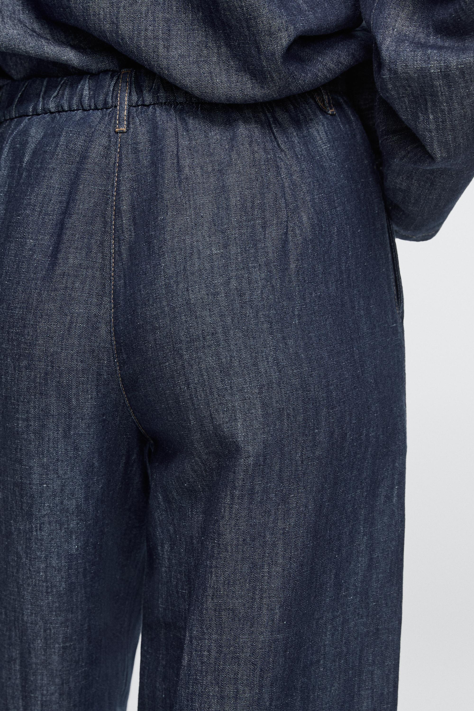 Total look linen blend wide-leg jeans — DARK BLUE
