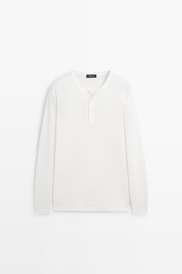 100% cotton long sleeve henley T-shirt — WHITE 2