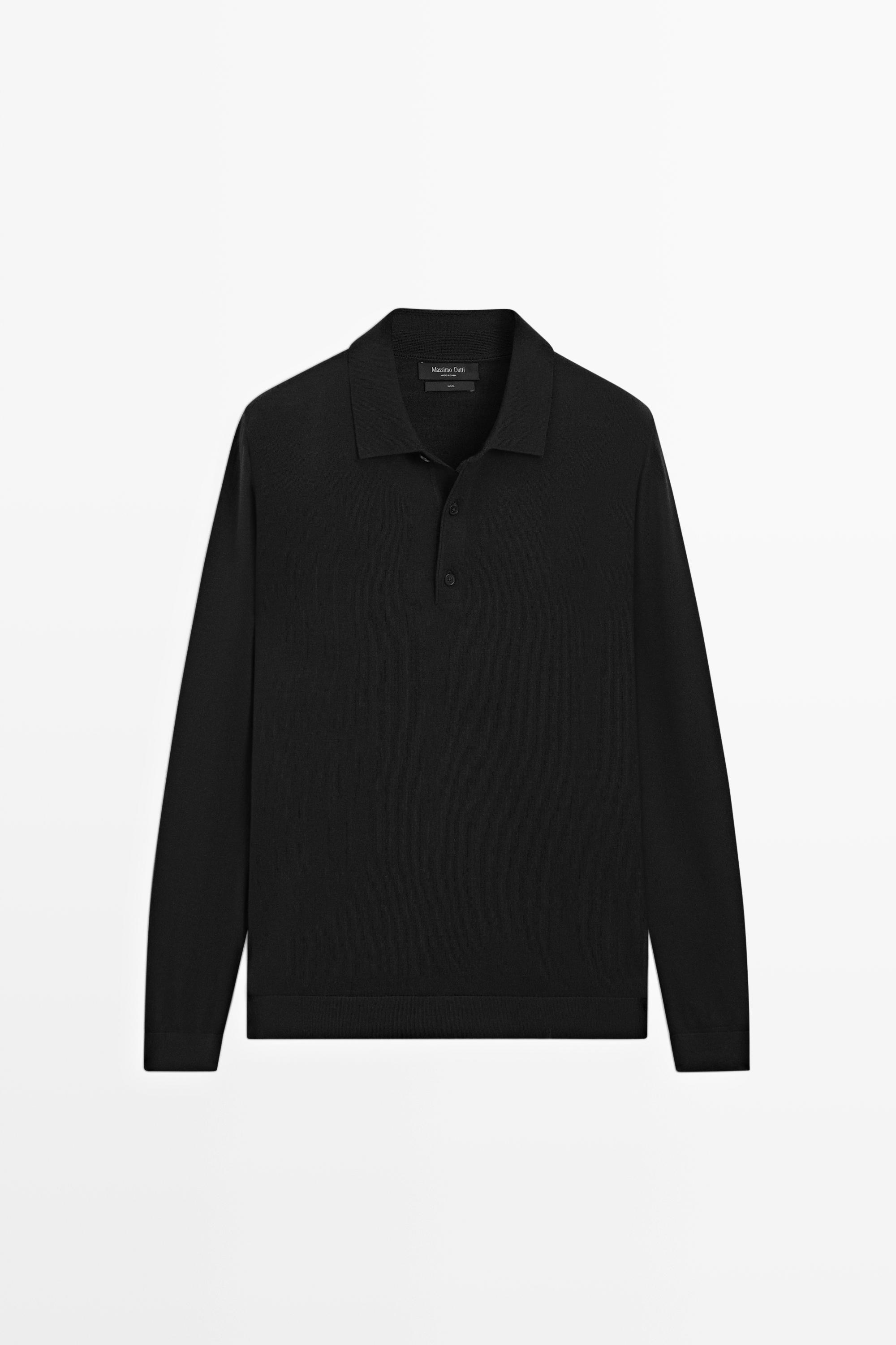 100% merino wool knit polo sweater — BLACK
