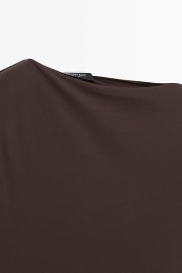 Asymmetric ruched midi dress — BROWN 9