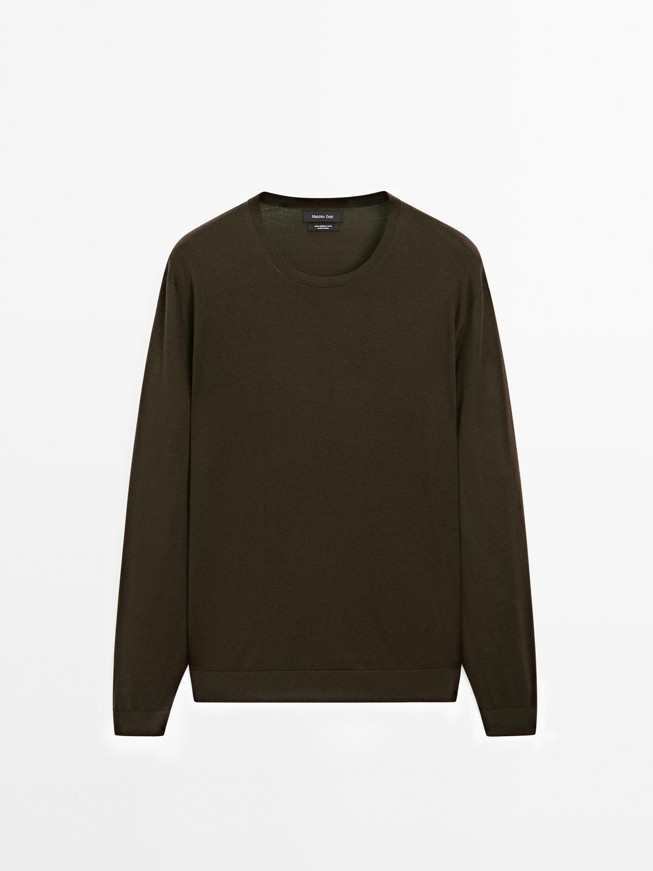 Massimo Dutti - Heren - 100% Merinoswollen Trui - Donkerkaki - L