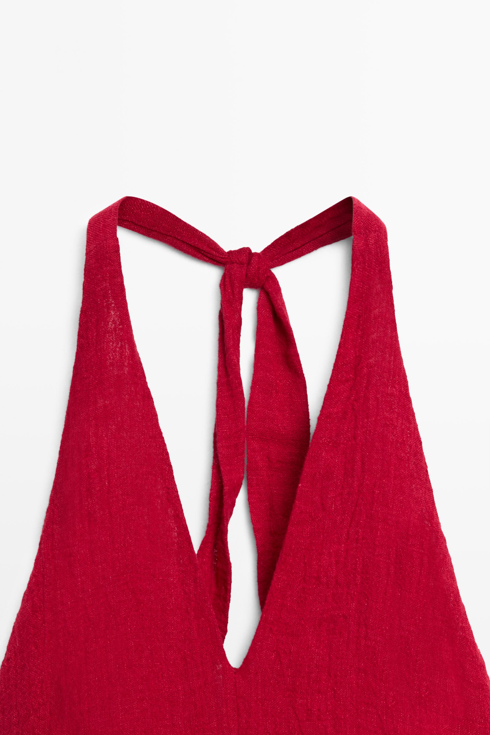 Long 100% linen dress with neckline detail — RED