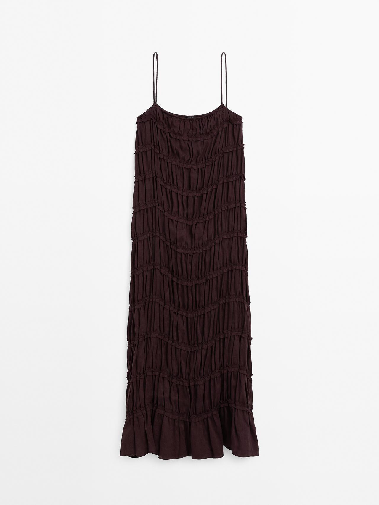 Massimo Dutti - Dame - Lang Kjole I Hørblanding Med Blødt Fald - Bordeaux - S