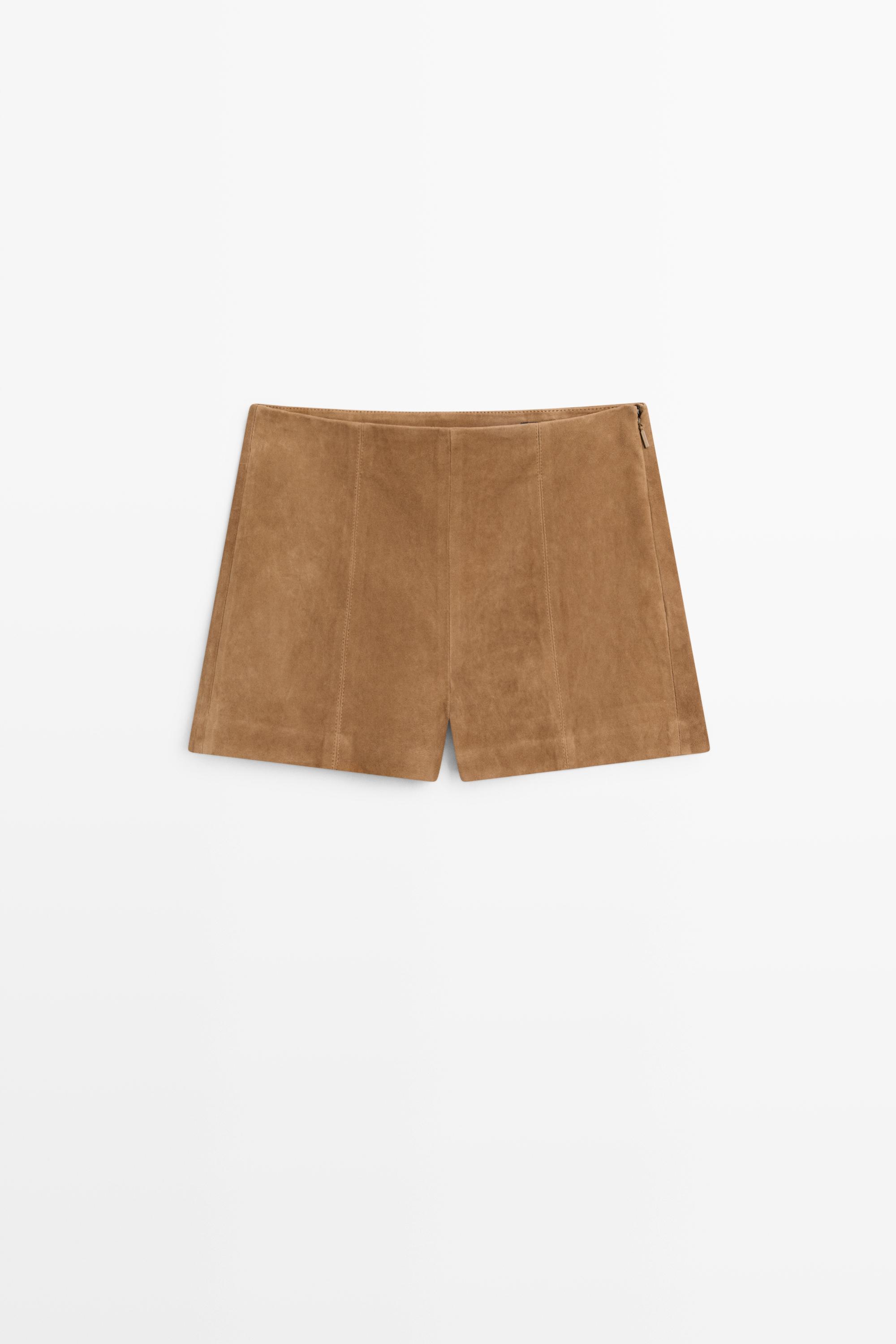 Suede leather shorts with seam details — CAMEL