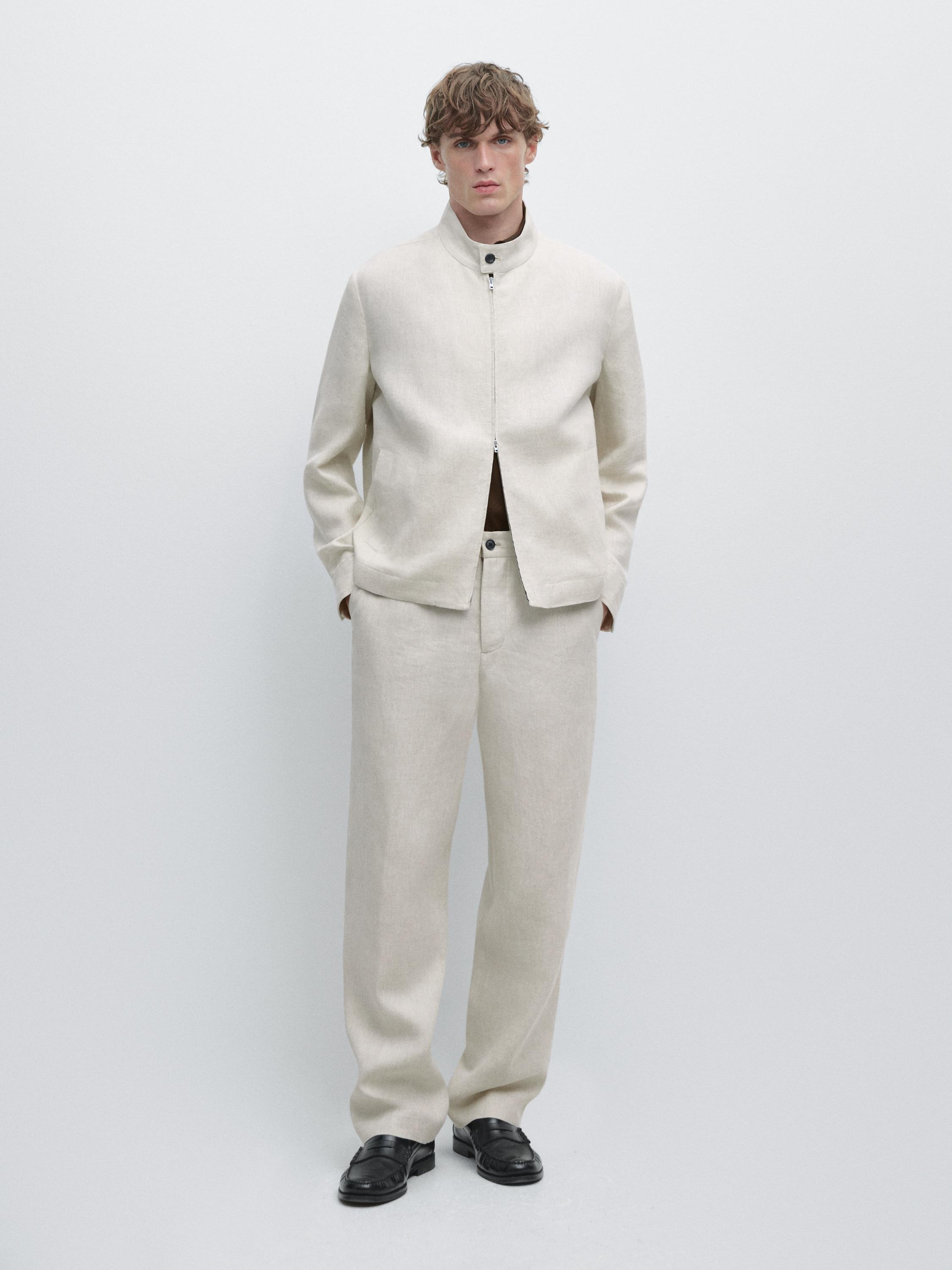 Short linen jacket with herringbone detail — BEIGE