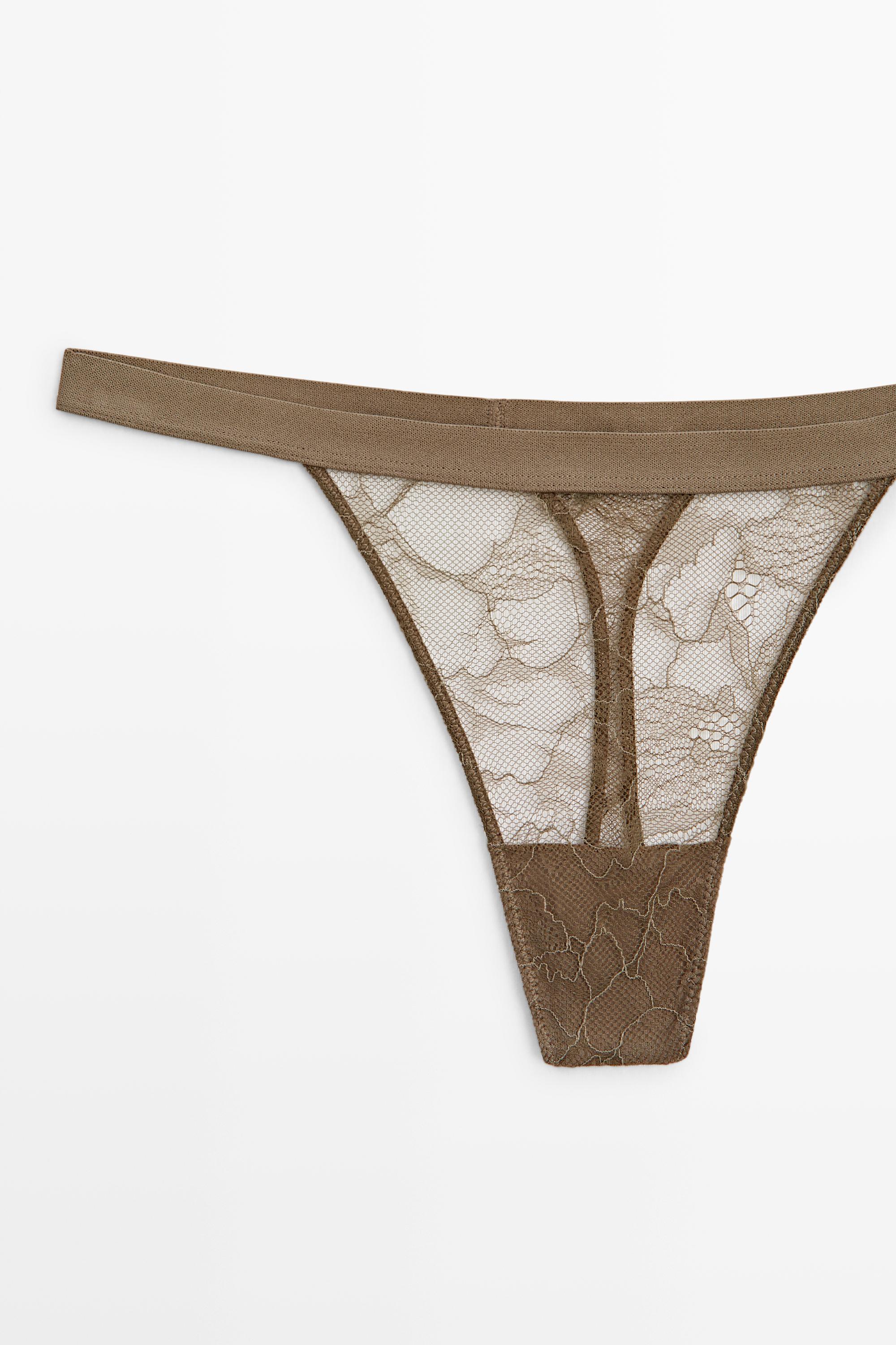 Elasticated floral lace thong — MINK