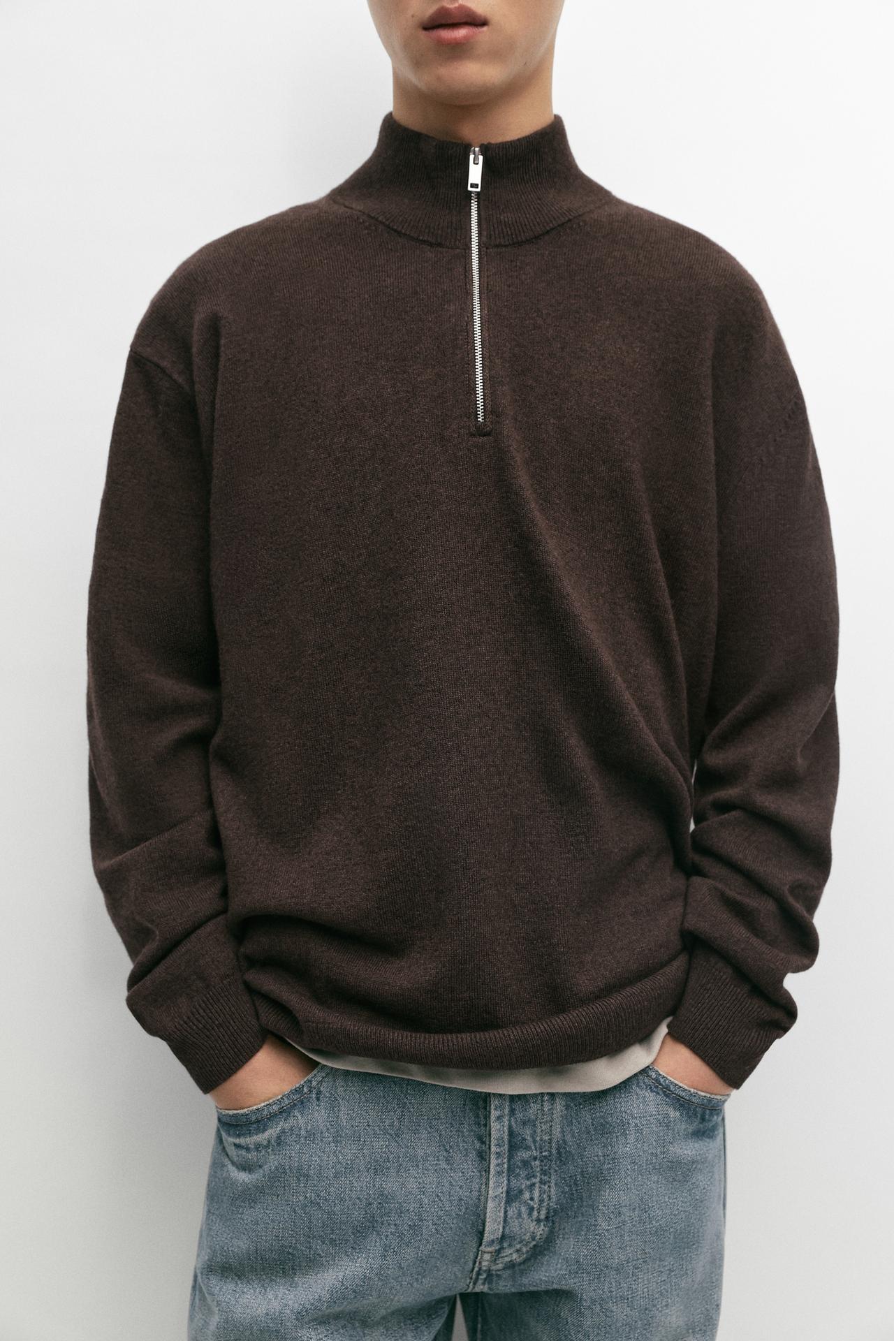 Mock neck knit sweater with zip — Chocolate