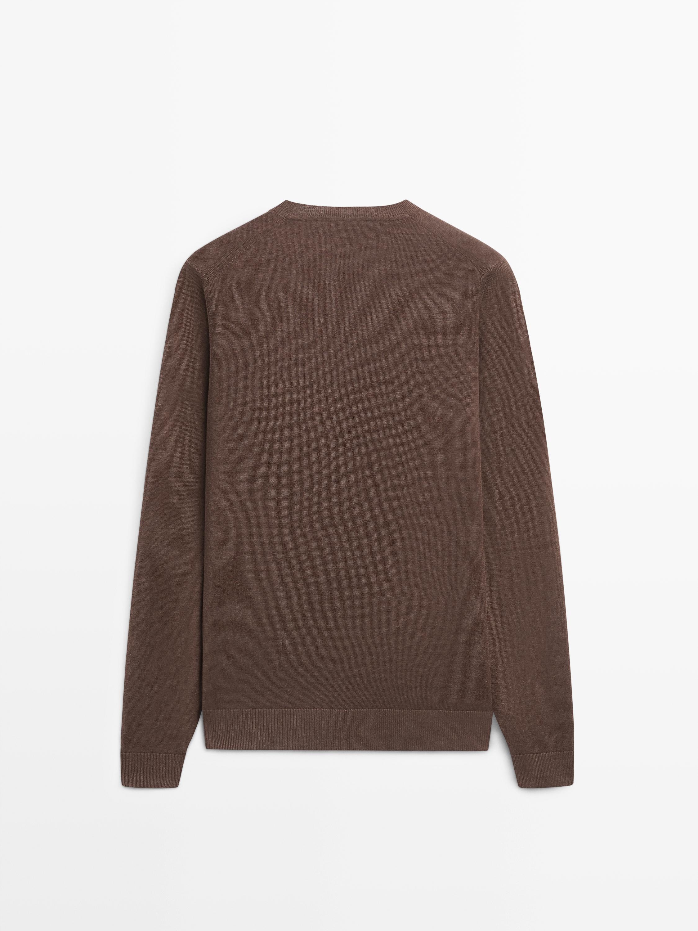 100% linen knit crew neck sweater — Reddish brown