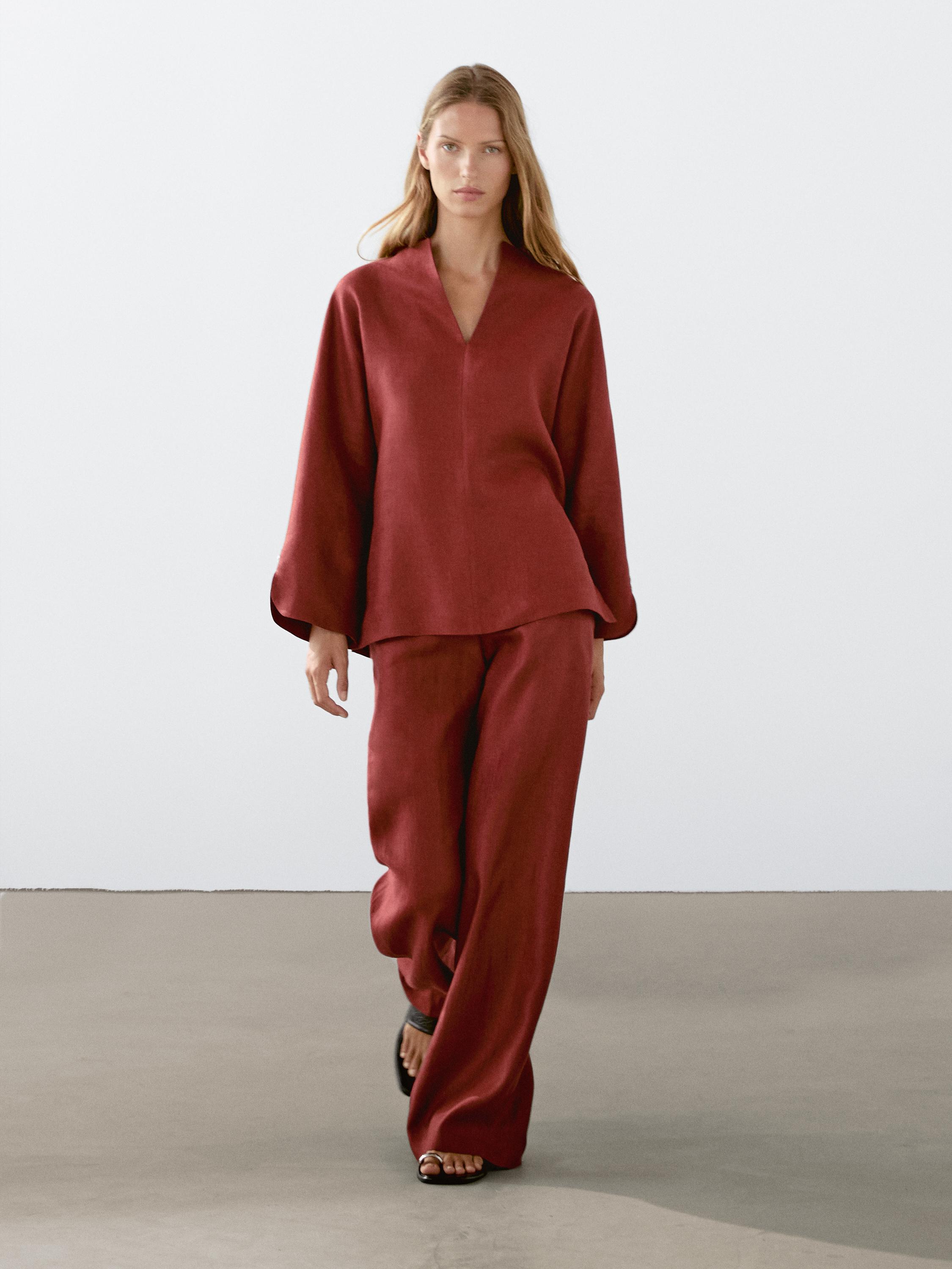 100% linen open neck blouse
