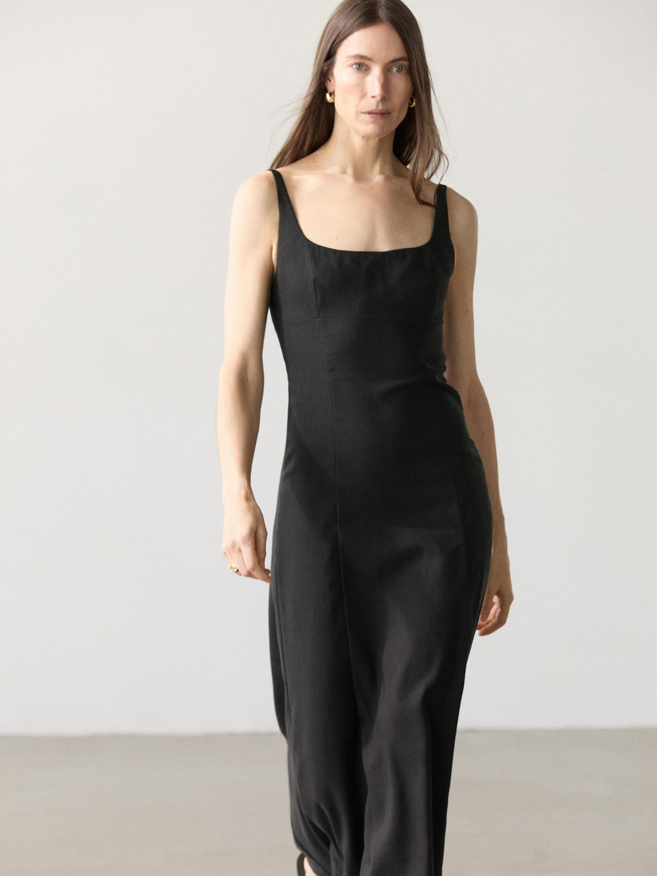 Strappy linen midi dress — BLACK