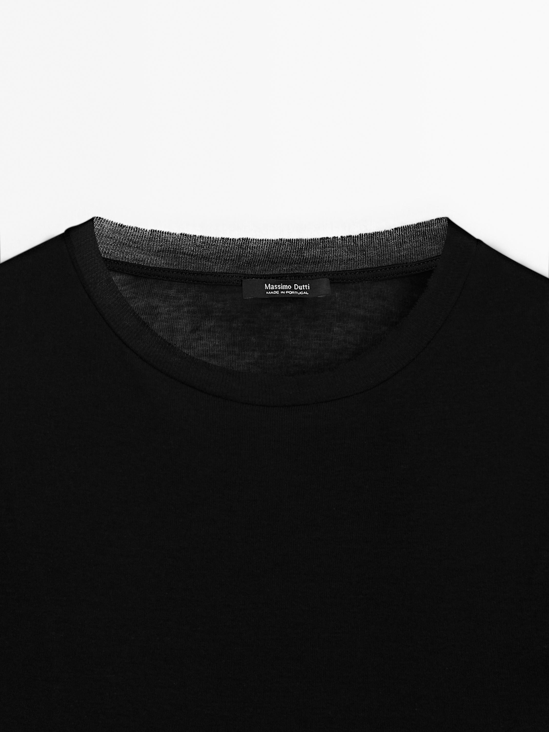 100% cotton semi-sheer T-shirt with collar detail — BLACK
