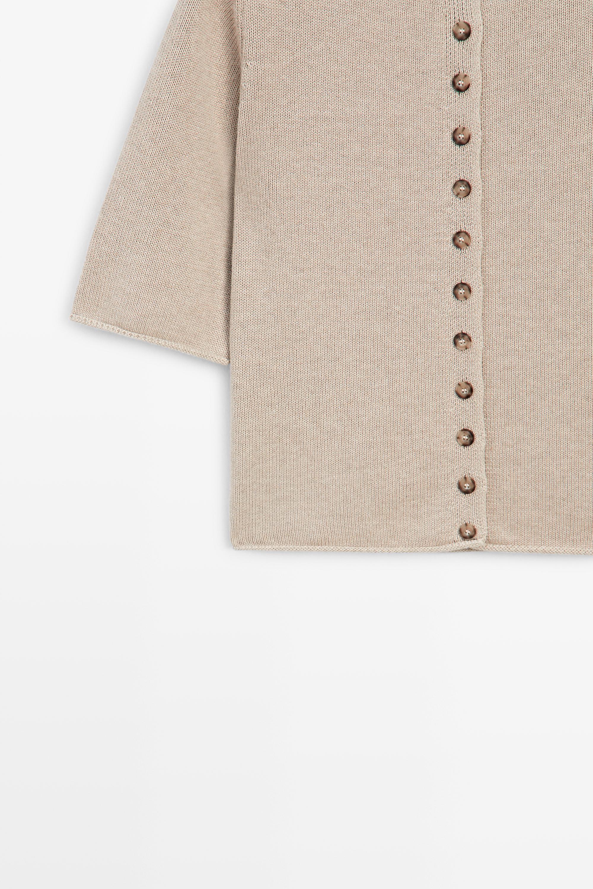 Cotton funnel neck knit cardigan — STONE