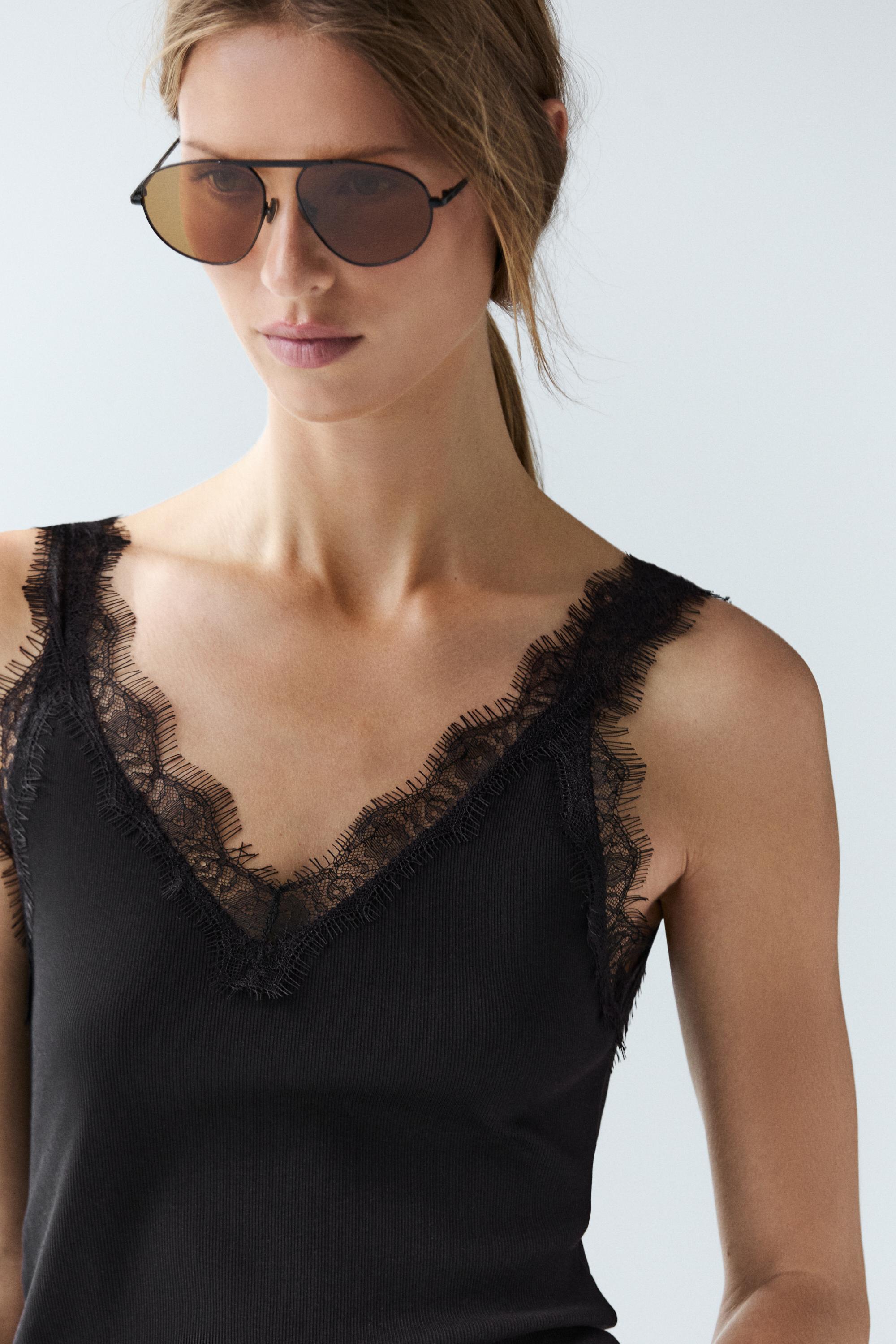 Strappy lace-trim top — BLACK