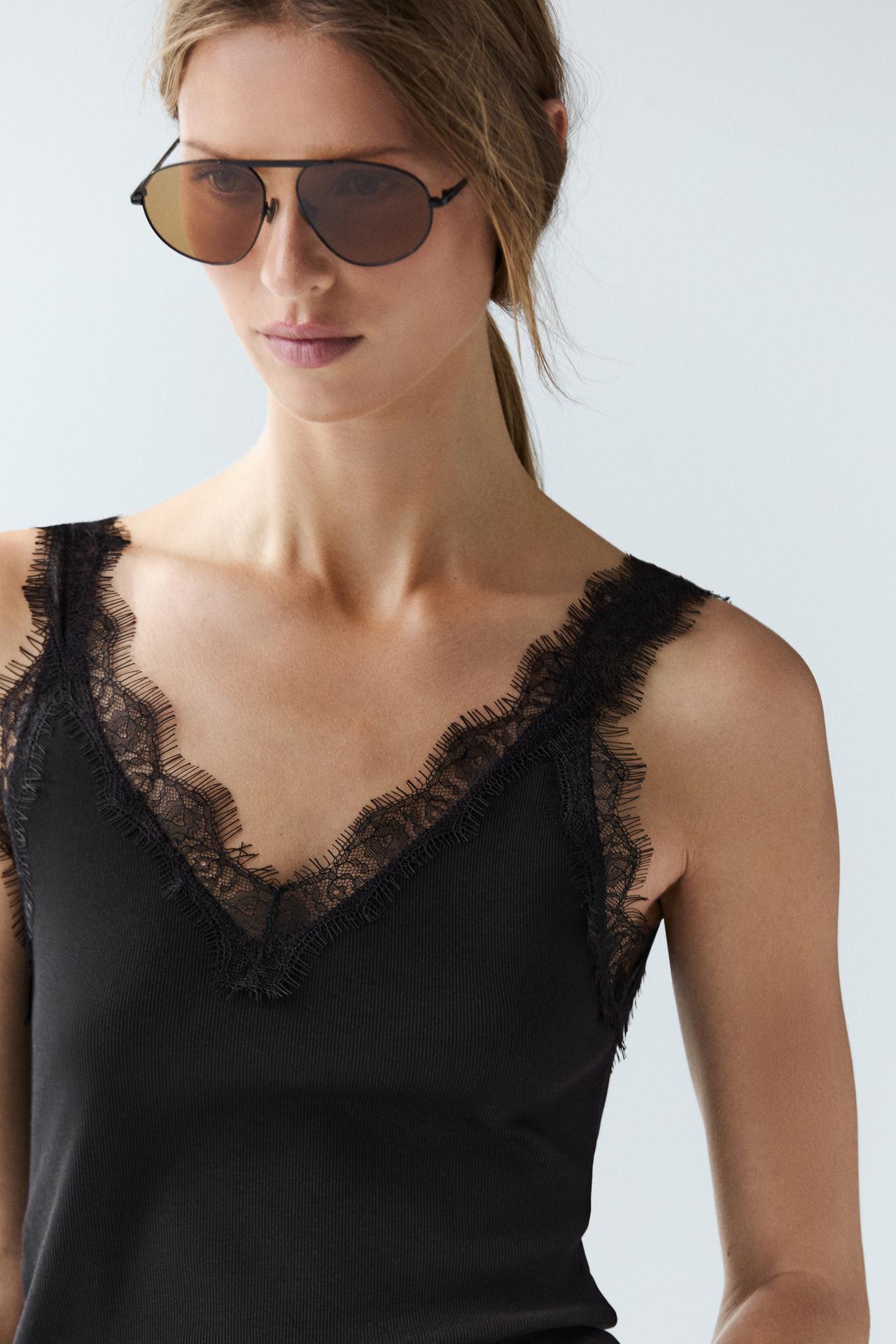 Strappy lace-trim top — BLACK