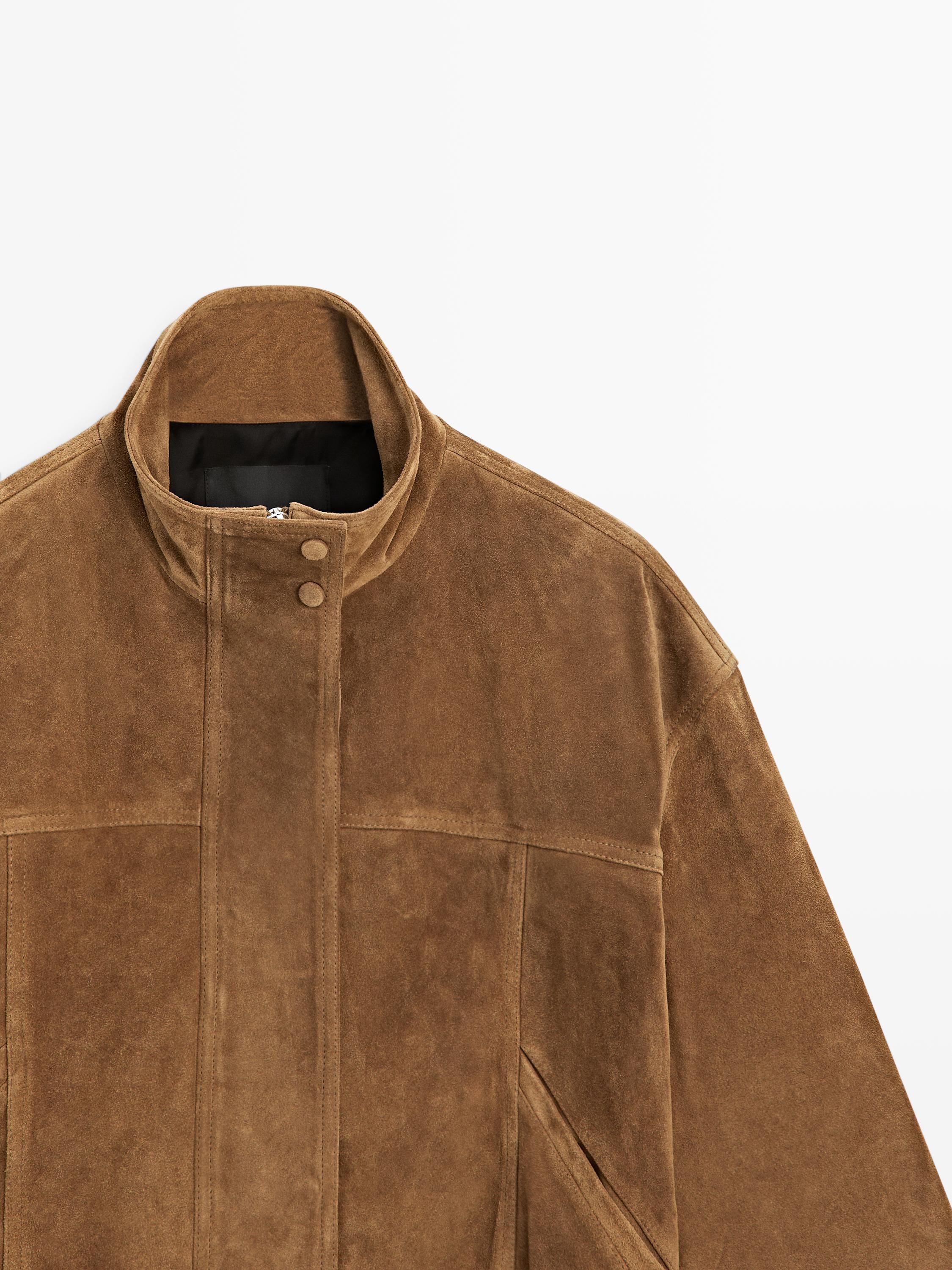 Short suede leather bomber jacket — CAMEL
