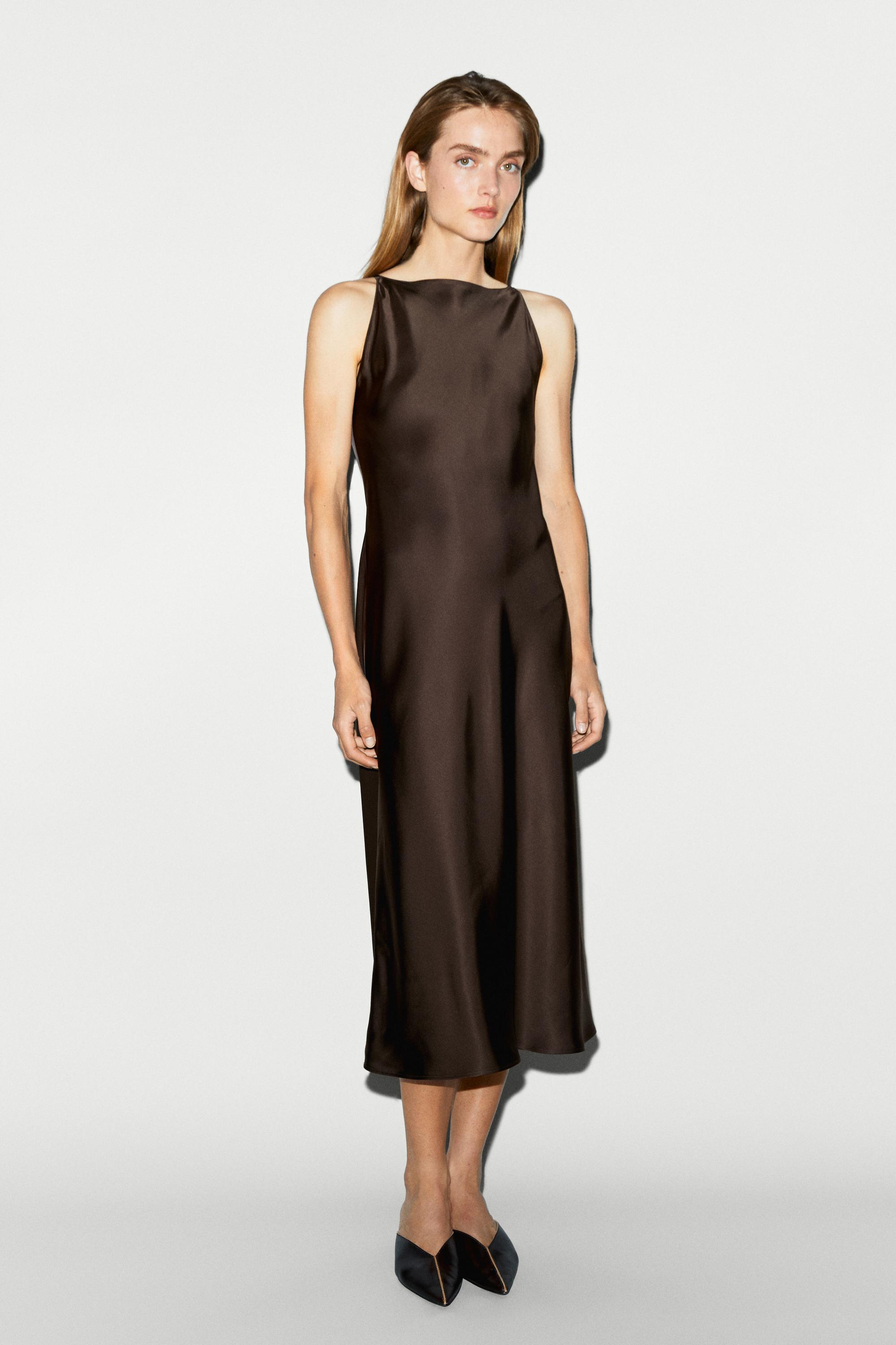 Satin flowing midi dress — BROWN