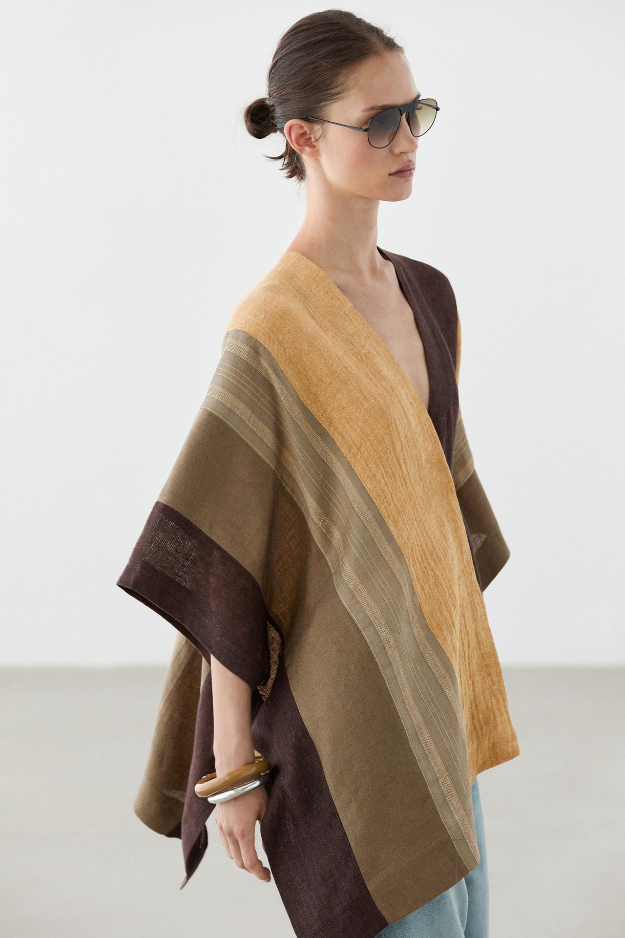 Flowing striped linen blend cape — PALE KHAKI