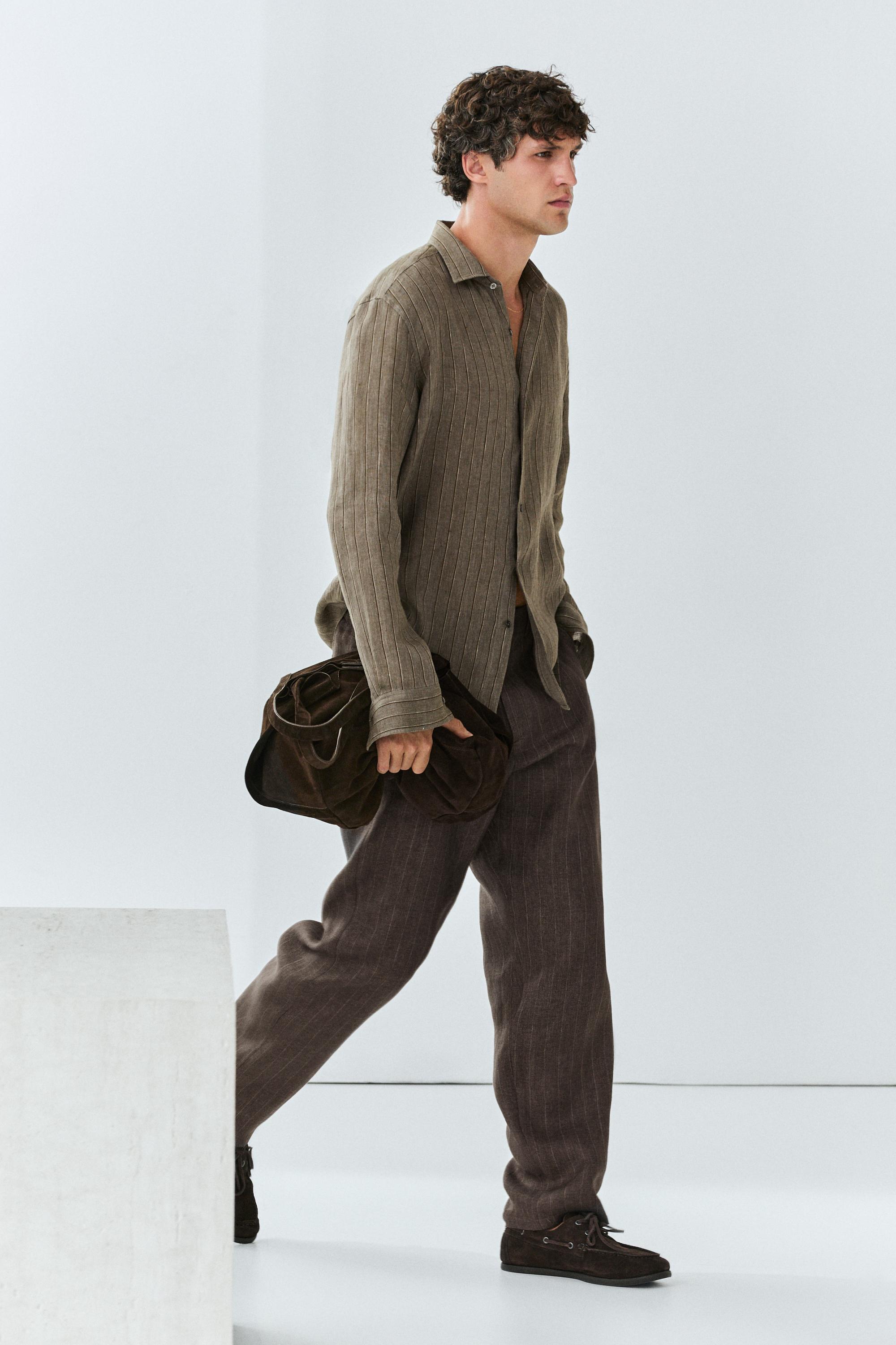 100% linen regular fit striped shirt — DARK GREEN
