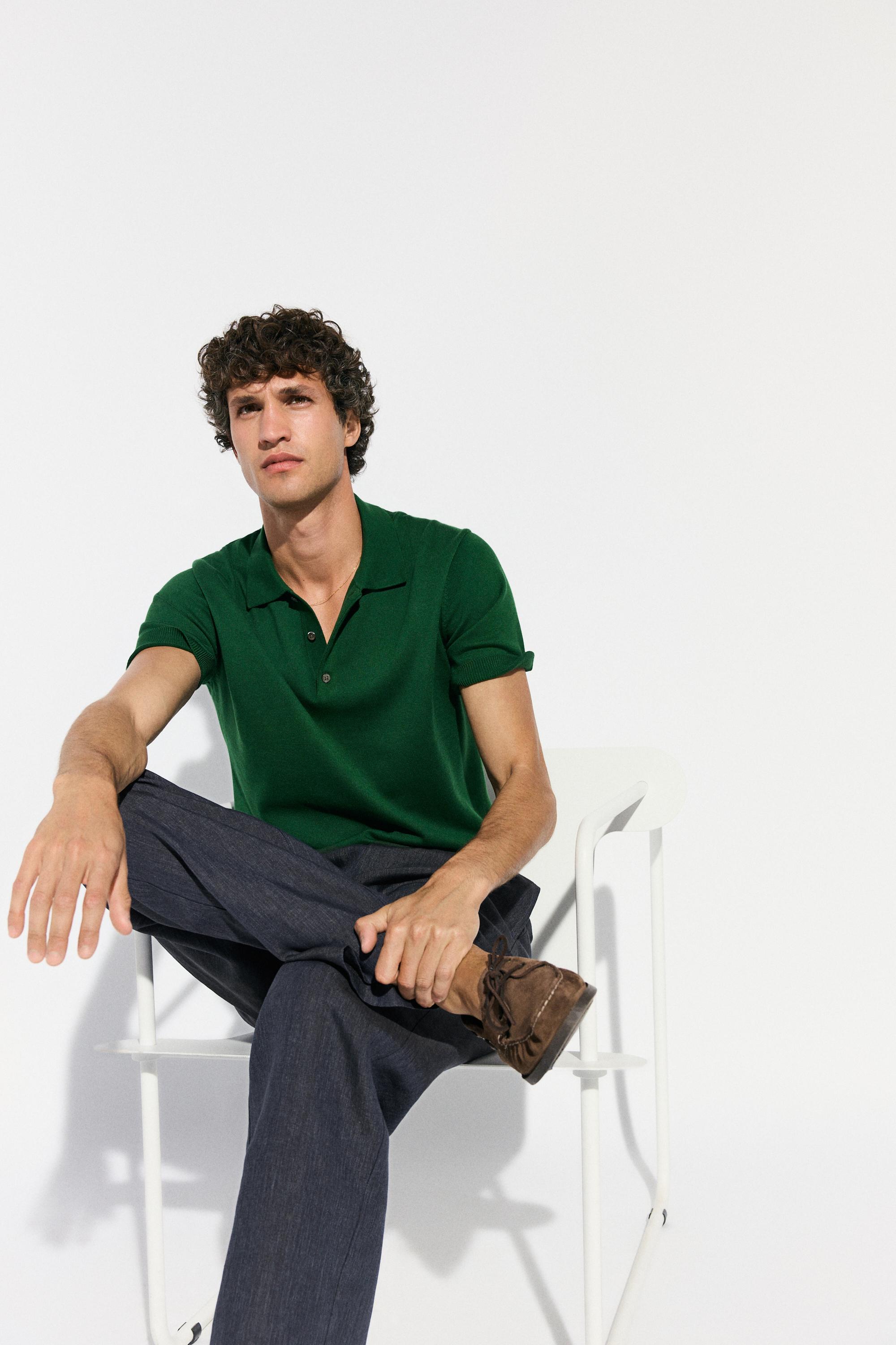 100% cotton knit polo sweater — MOSS GREEN