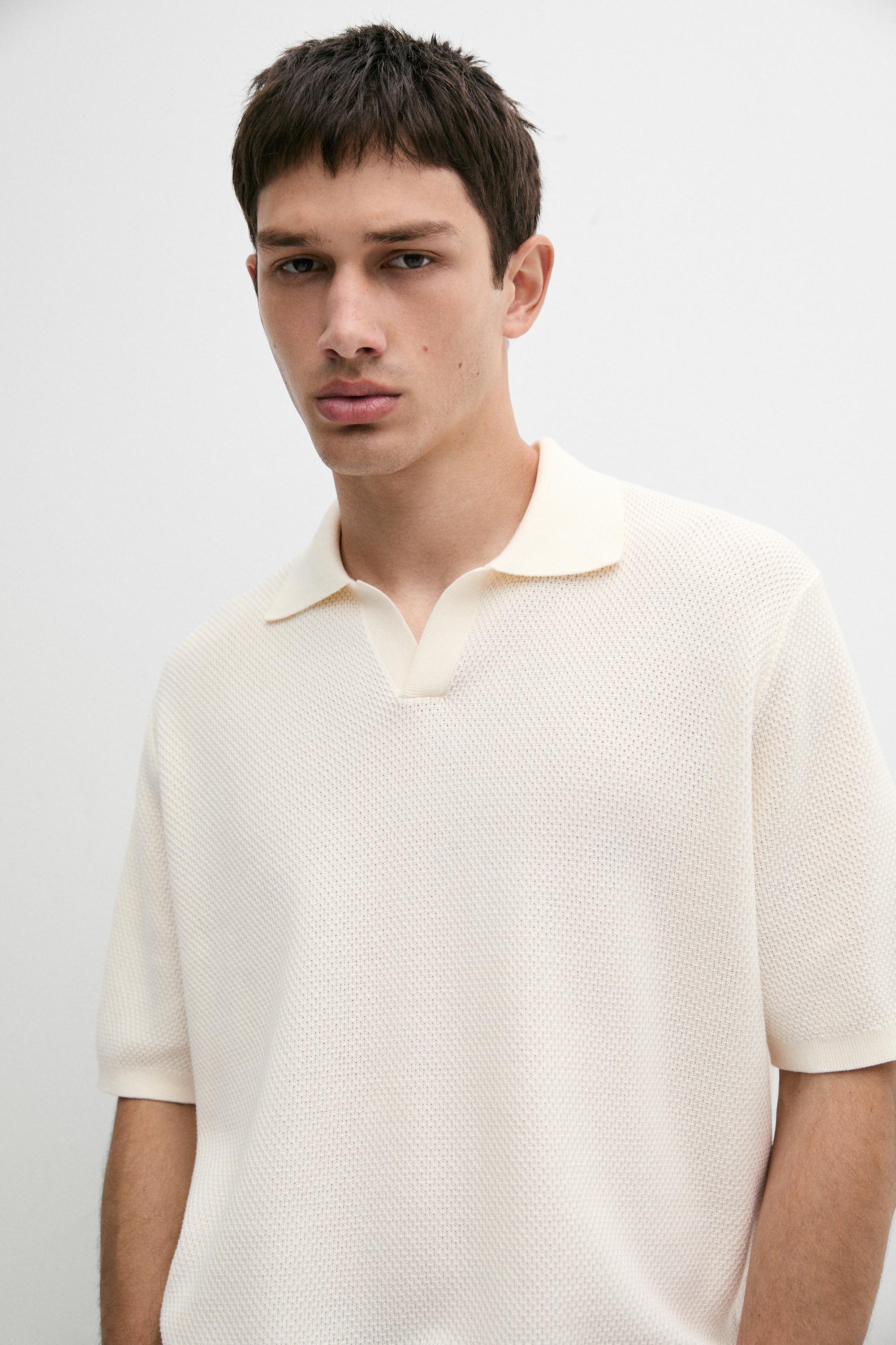 Cotton blend knit V-neck polo shirt — CREAM