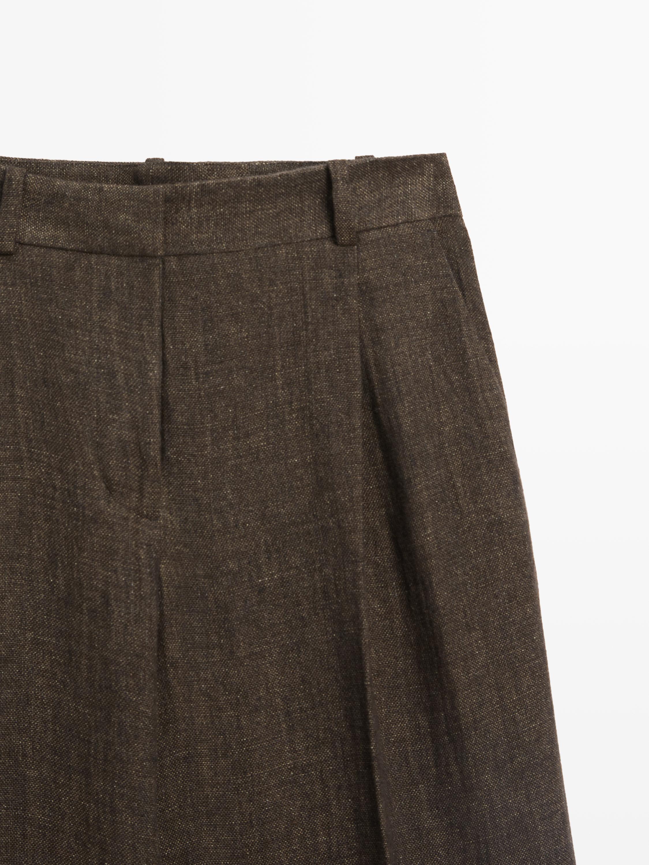 Total look melange linen darted trousers — MOLE BROWN