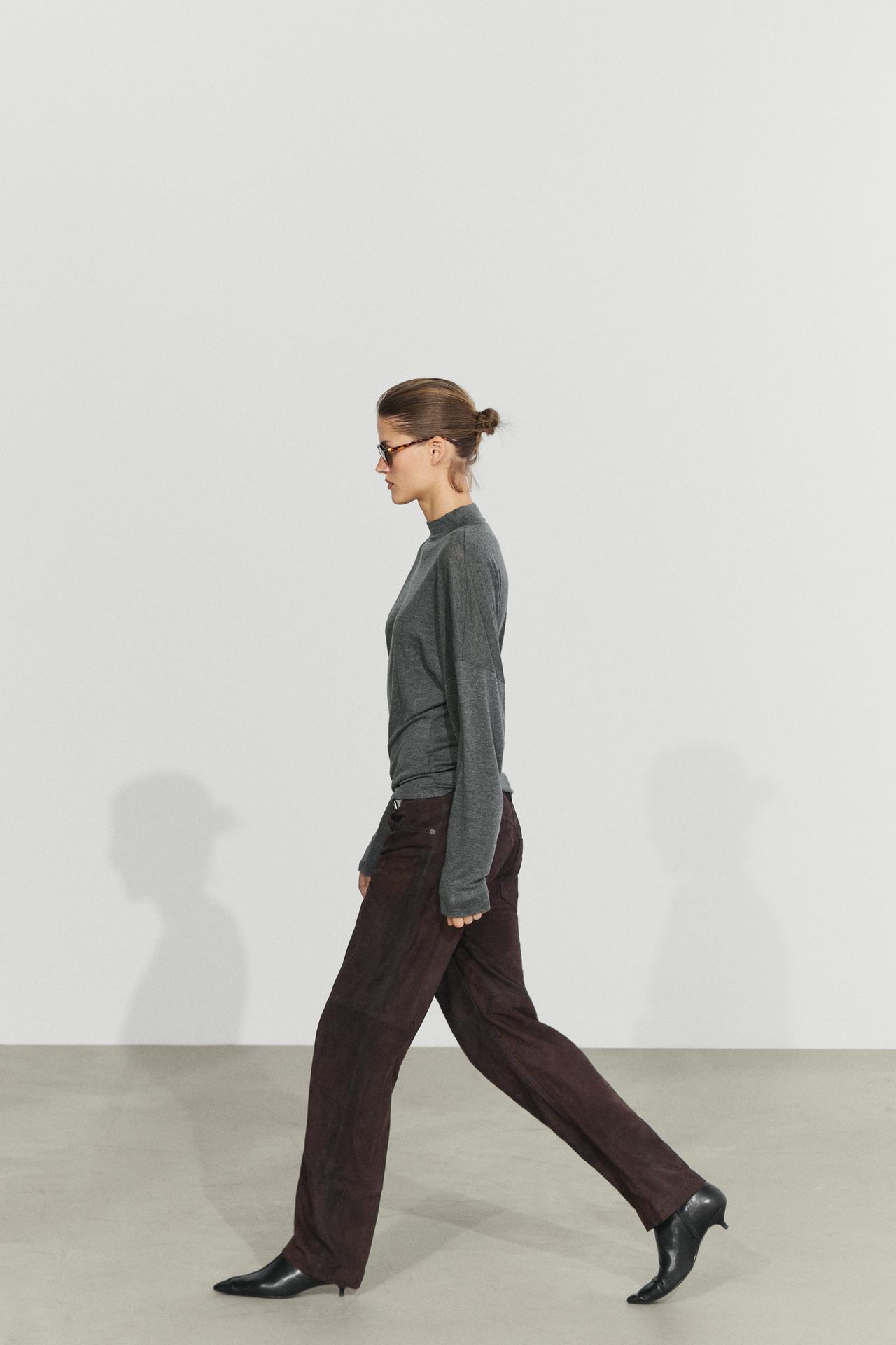 Funnel neck knit T-shirt — GREY MARL